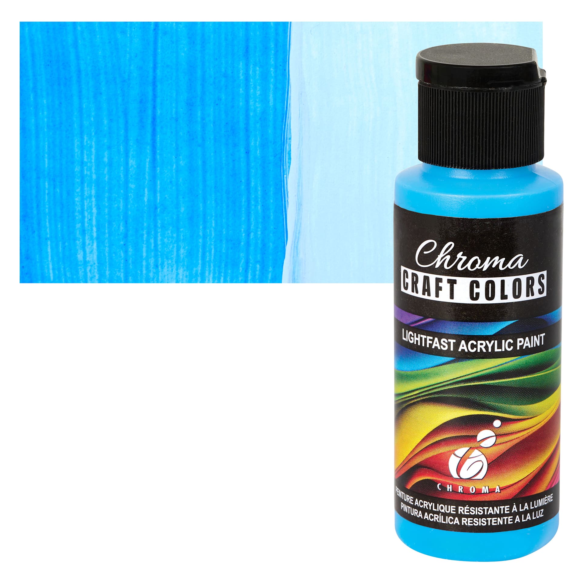 Chroma Craft Colors Acrylic Paint - Neon Blue Light Special, swatch and bottle
