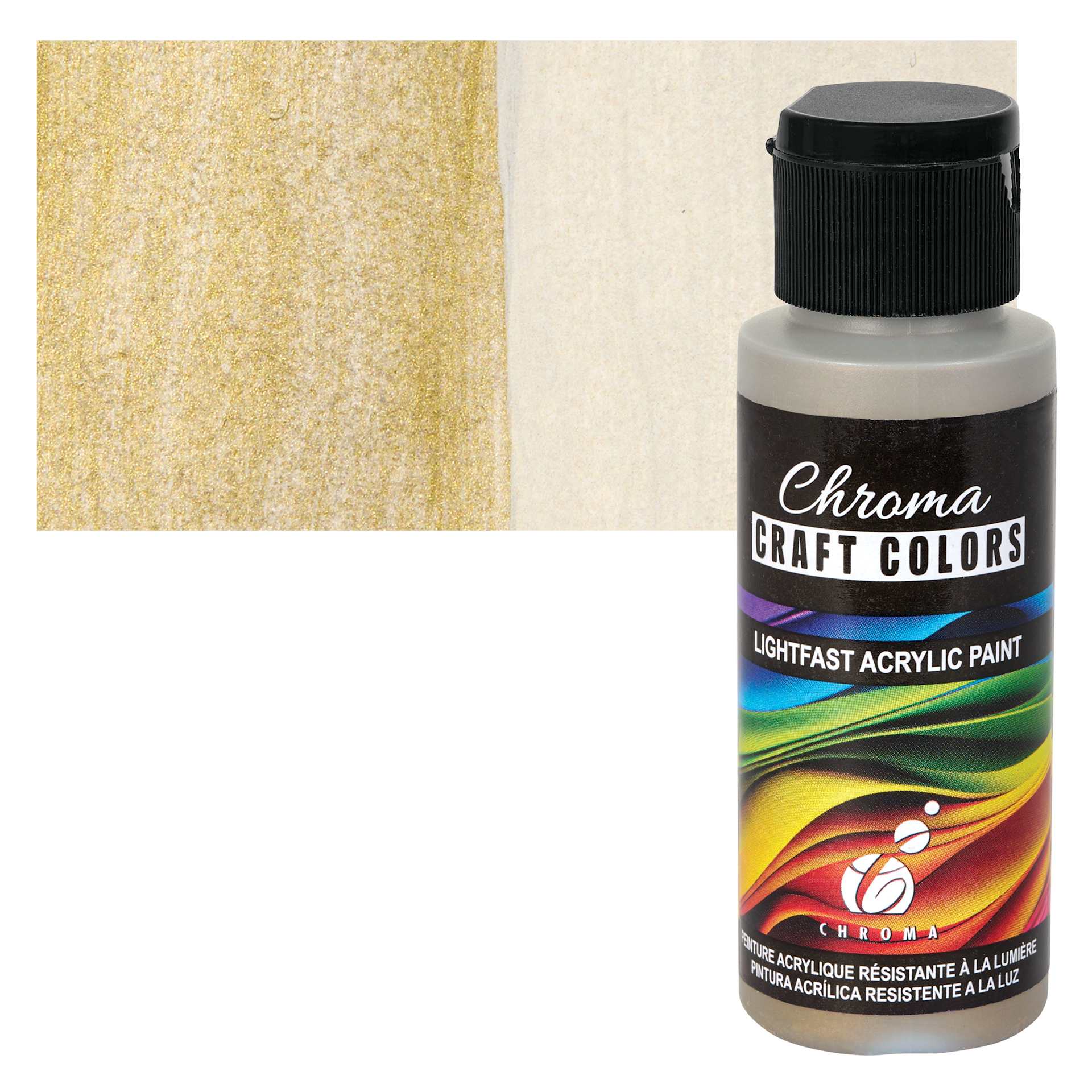 Chroma Craft Colors Acrylic Paint - Metallic Ancient Shield, swatch and bottle