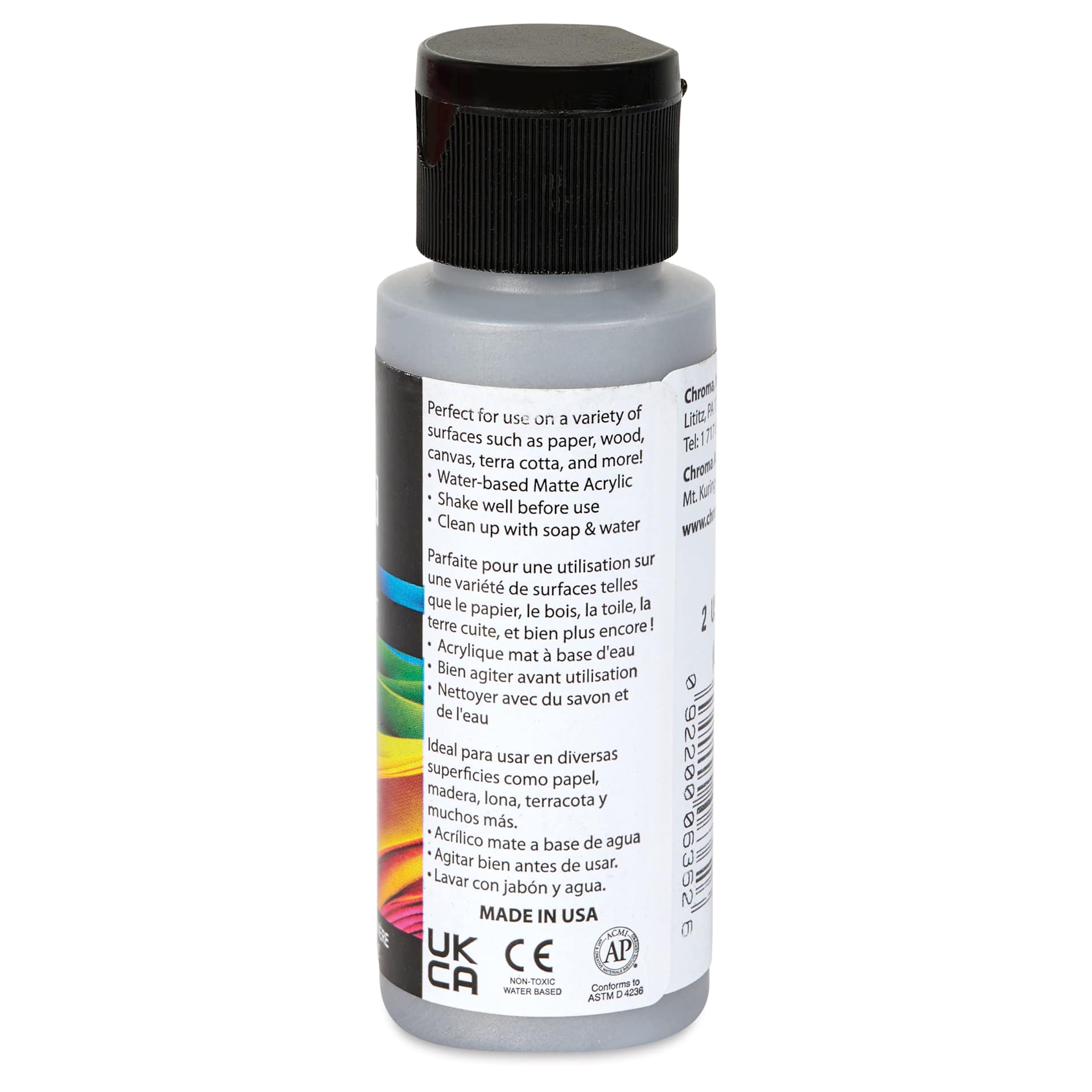 Chroma Craft Colors Acrylic Paint - Metallic Silver Moon Dust, 2 oz, showing paint usage in label