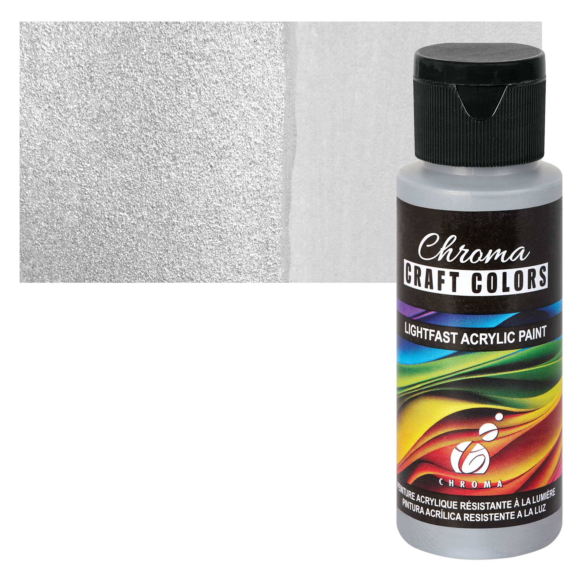 Chroma Craft Colors Acrylic Paint - Metallic Silver Moon Dust, swatch and bottle
