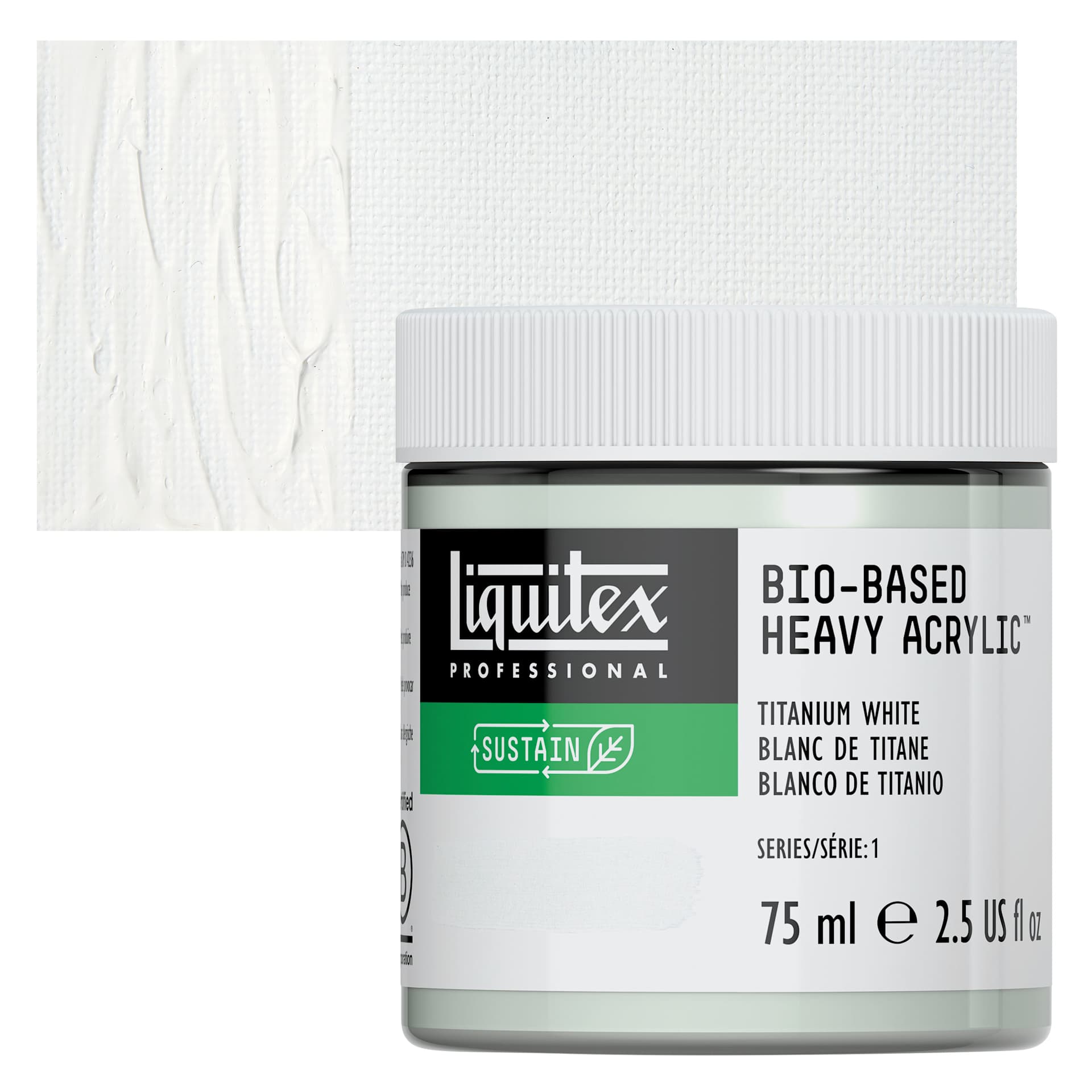 Liquitex Bio-Based Heavy Acrylic Paint - Titanium White, 75 ml jar and swatch