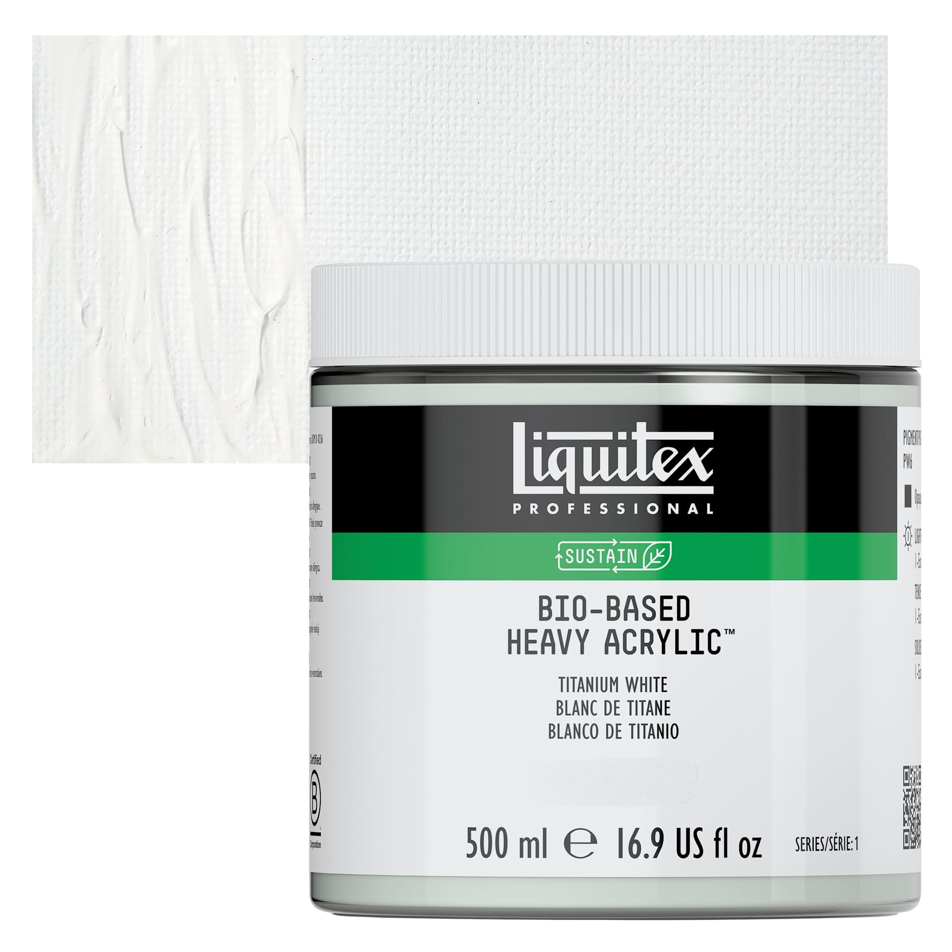 Liquitex Bio-Based Heavy Acrylic Paint - Titanium White, 500 ml jar and swatch