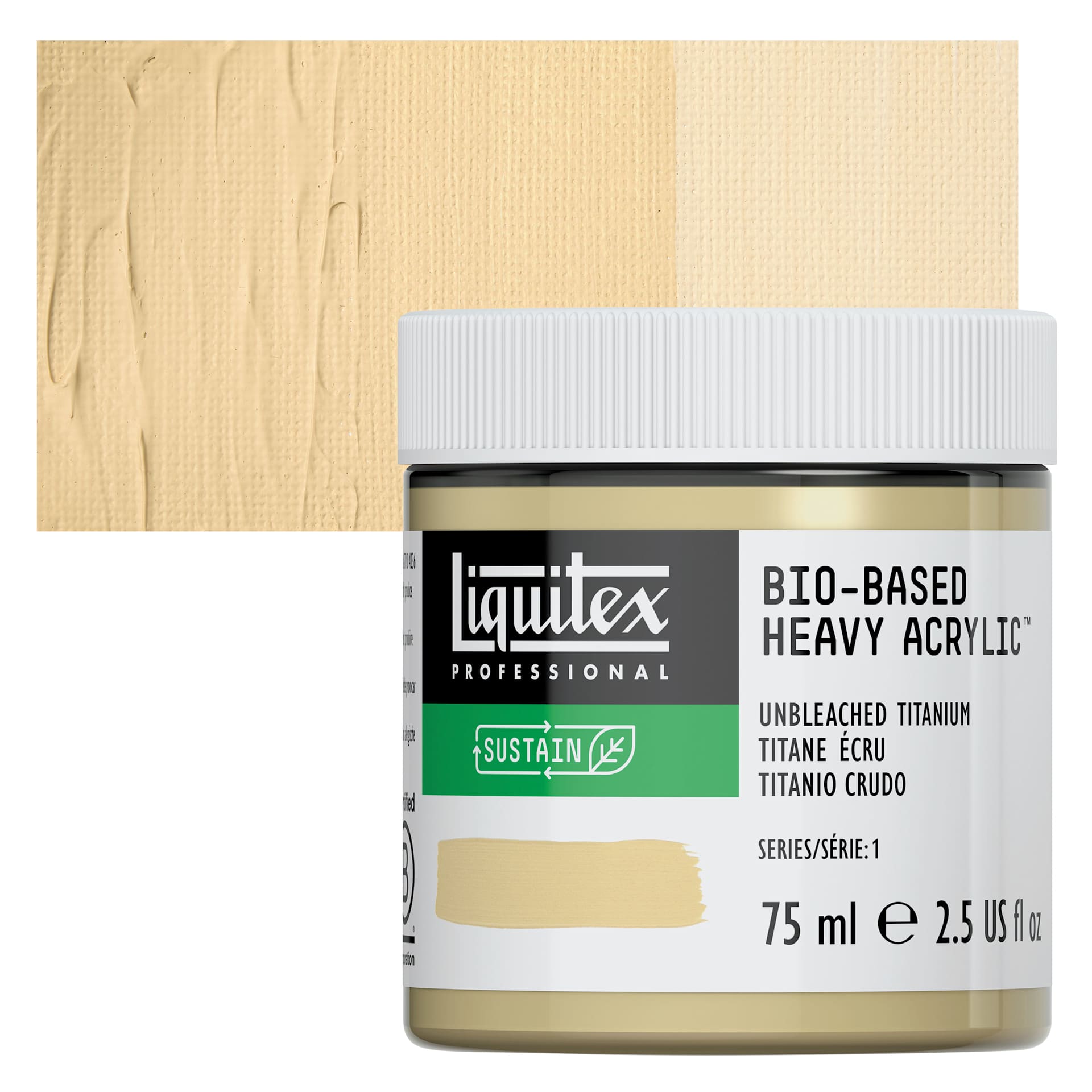 Liquitex Bio-Based Heavy Acrylic Paint - Unbleached Titanium, 75 ml jar and swatch