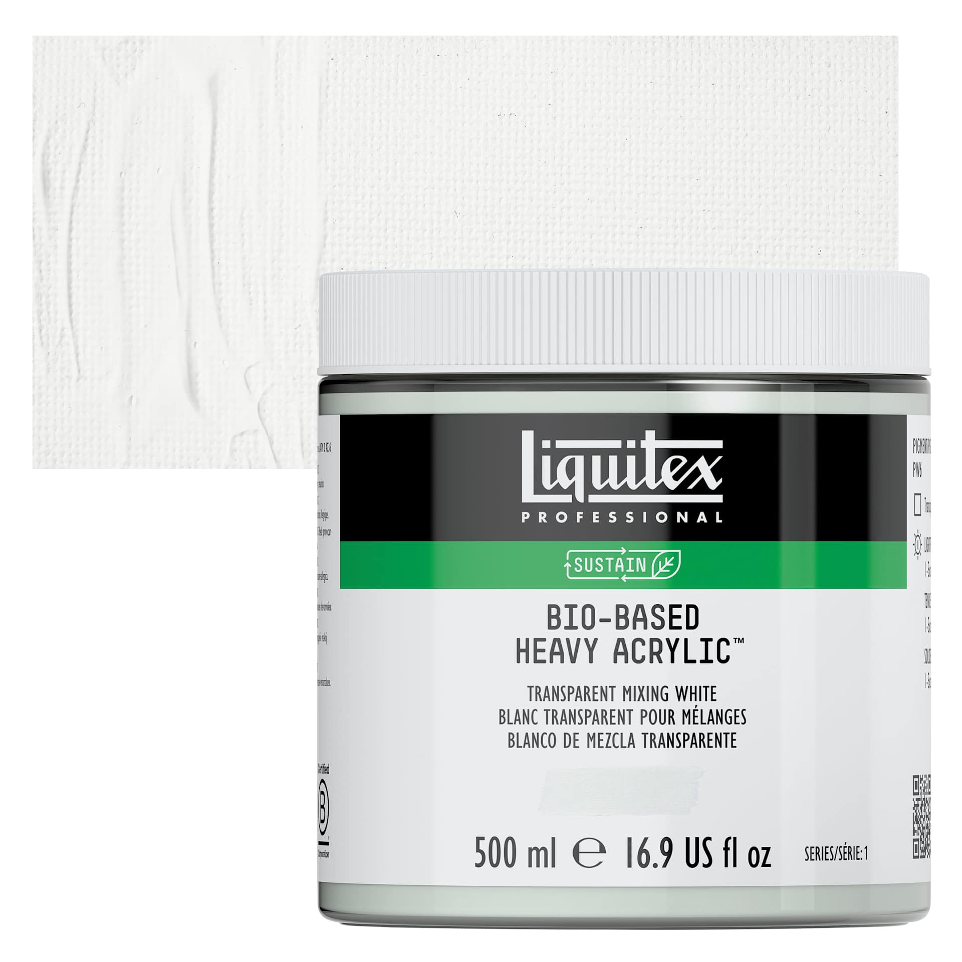 Liquitex Bio-Based Heavy Acrylic Paint - Transparent Mixing White, 500 ml jar and swatch