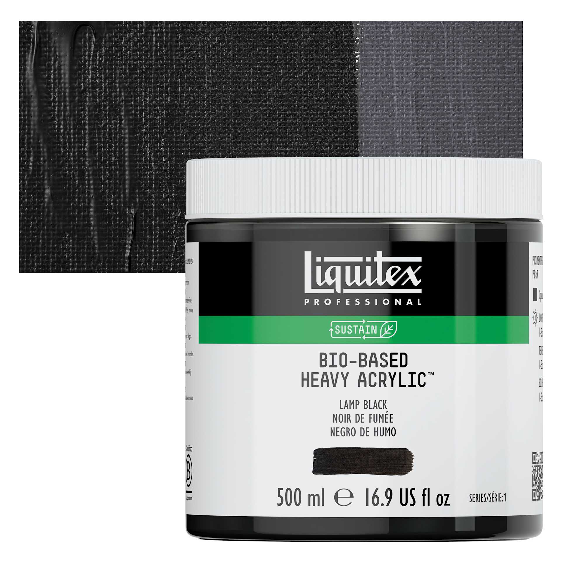 Liquitex Bio-Based Heavy Acrylic Paint - Lamp Black, 500 ml jar and swatch