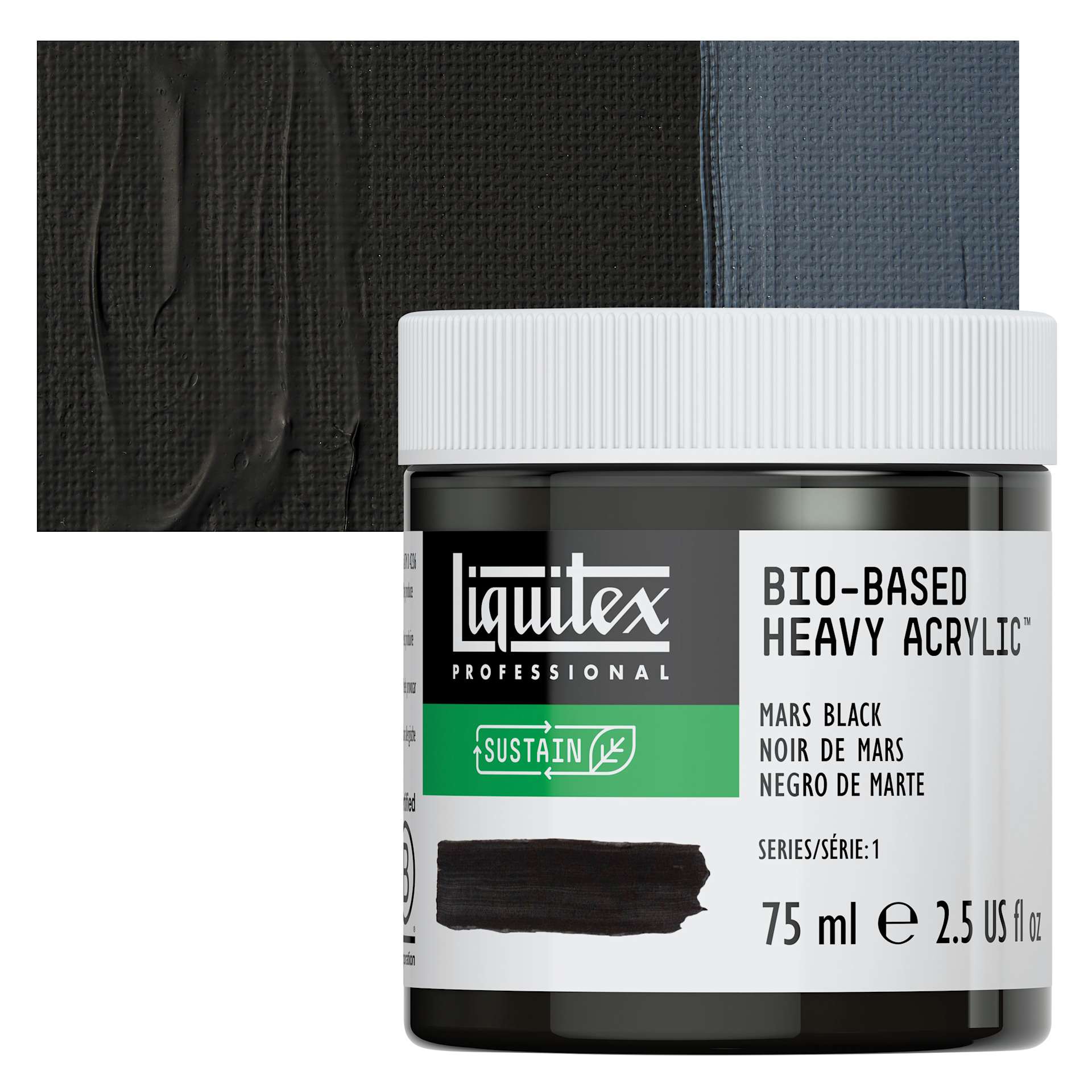 Liquitex Bio-Based Heavy Acrylic Paint - Mars Black, 75 ml jar and swatch