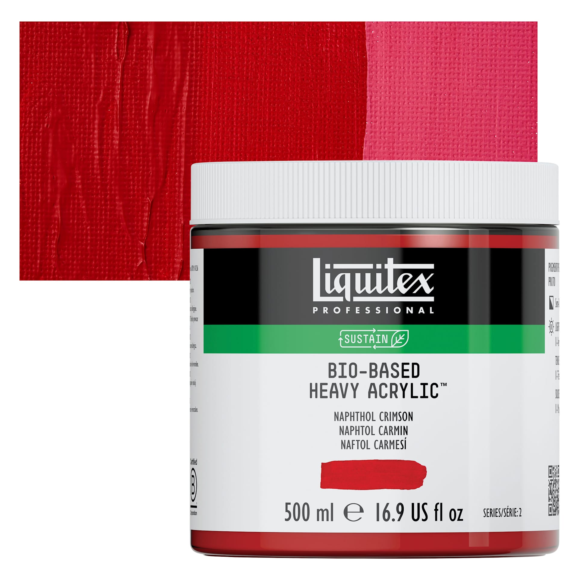 Liquitex Bio-Based Heavy Acrylic Paint - Naphthol Crimson, 500 ml jar and swatch