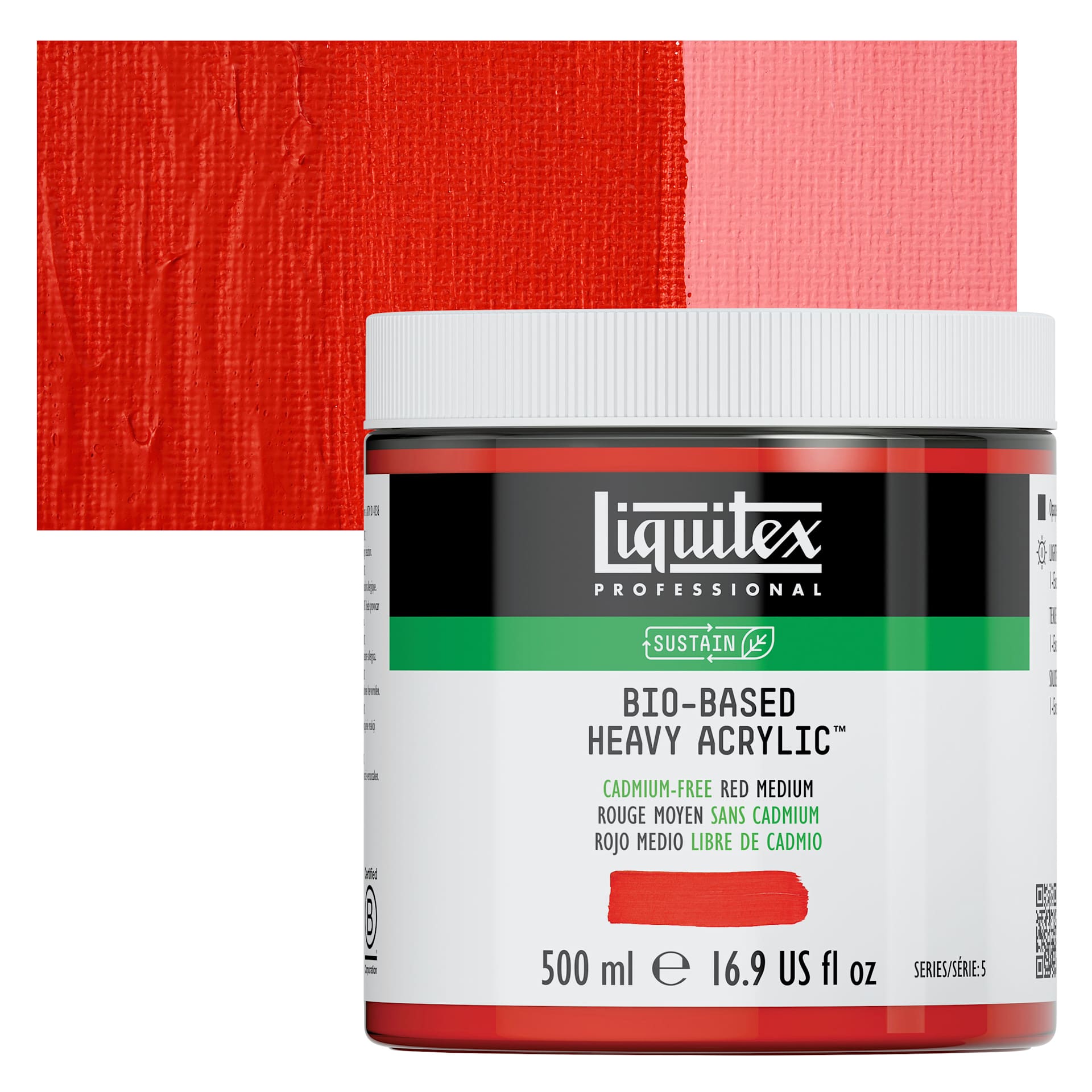Liquitex Bio-Based Heavy Acrylic Paint - Cadmium-Free Red Medium, 500 ml jar and swatch