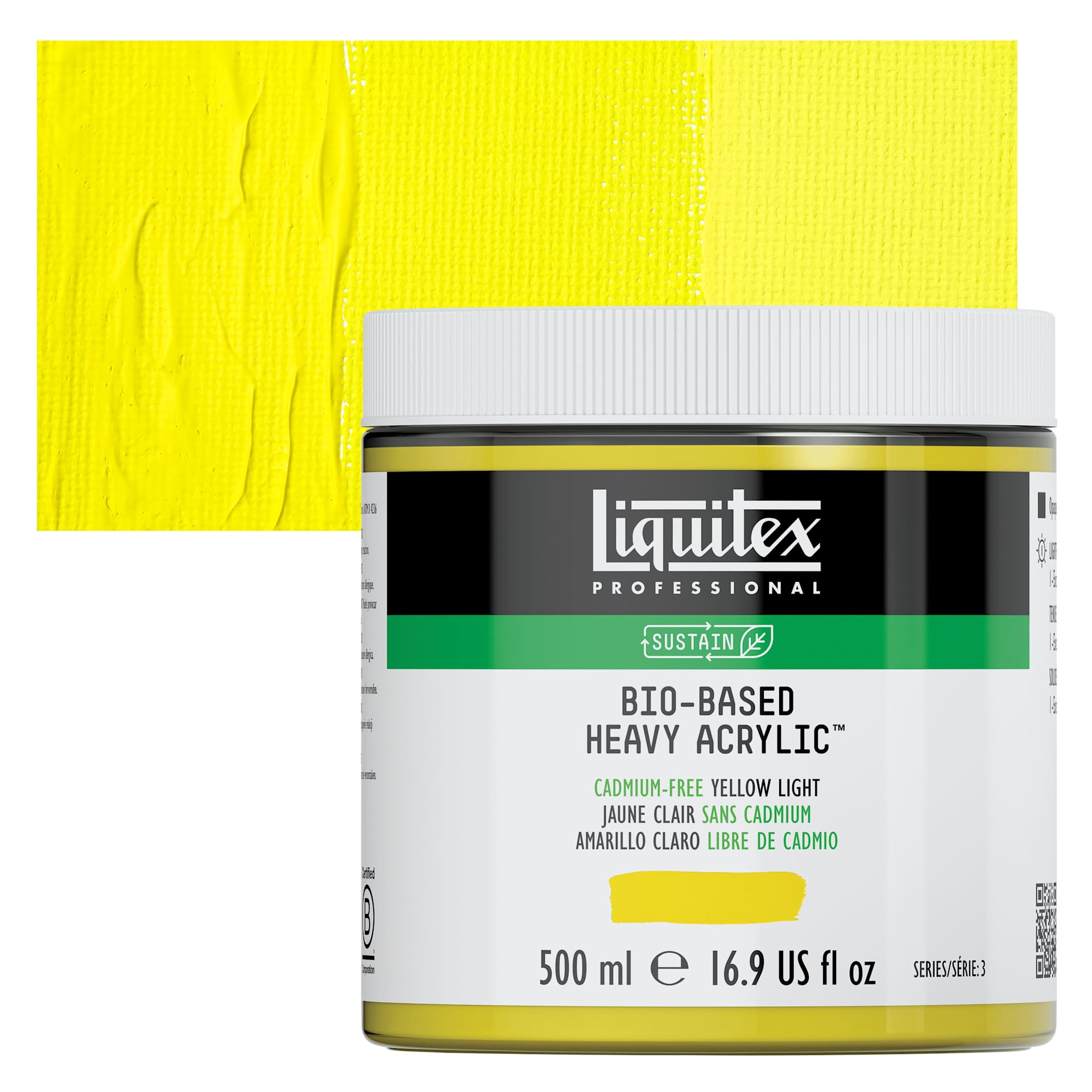 Liquitex Bio-Based Heavy Acrylic Paint - Cadmium-Free Yellow Light, 500 ml jar and swatch