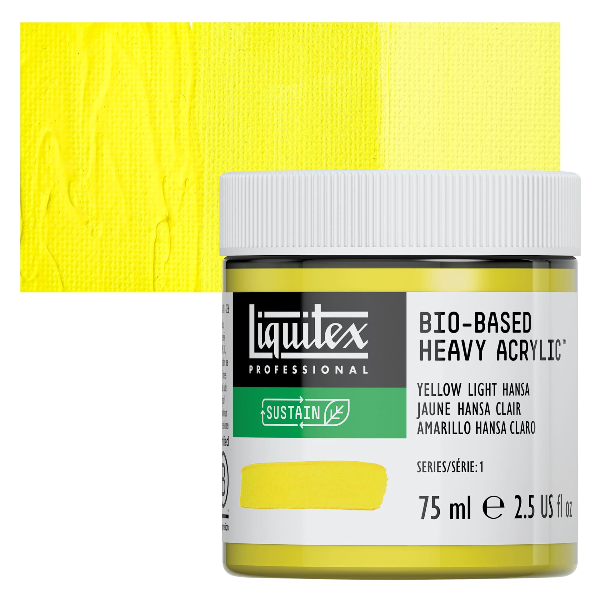Liquitex Bio-Based Heavy Acrylic Paint - Yellow Light Hansa, 75 ml jar and swatch