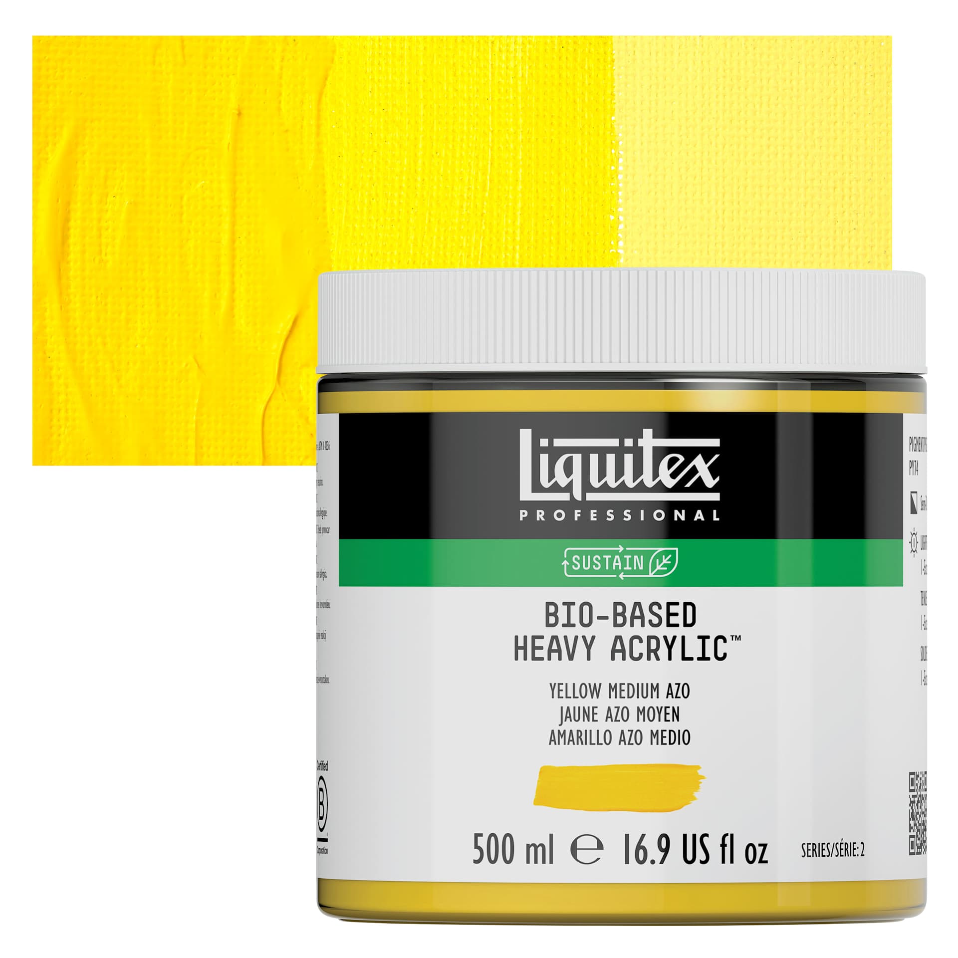 Liquitex Bio-Based Heavy Acrylic Paint - Yellow Medium Azo, 500 ml jar and swatch