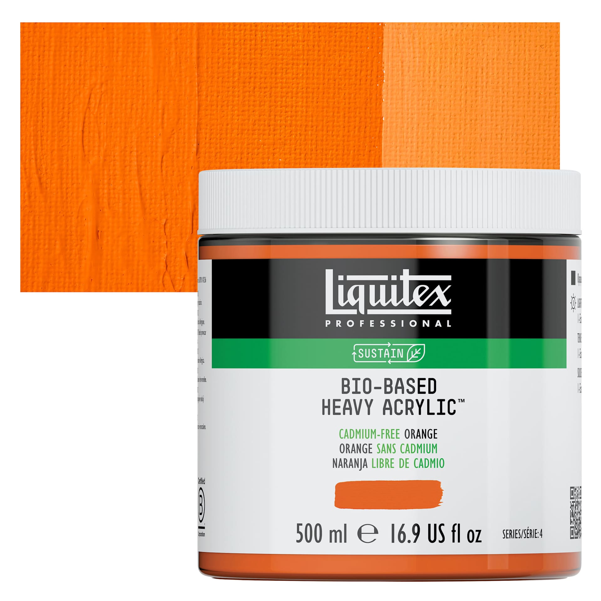 Liquitex Bio-Based Heavy Acrylic Paint - Cadmium-Free Orange, 500 ml jar and swatch