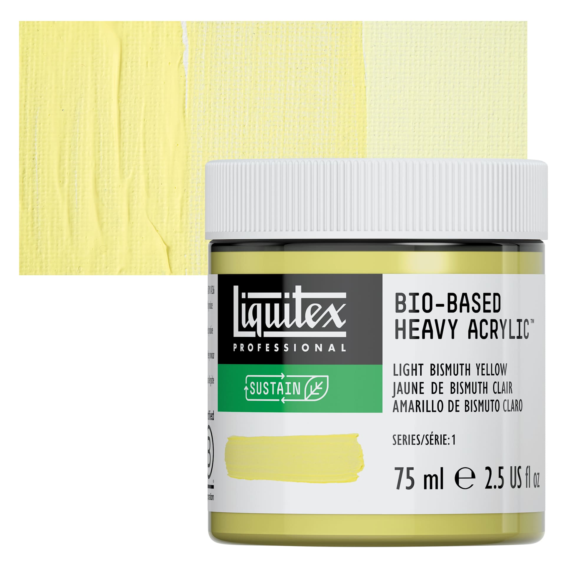 Liquitex Bio-Based Heavy Acrylic Paint - Light Bismuth Yellow, 75 ml jar and swatch
