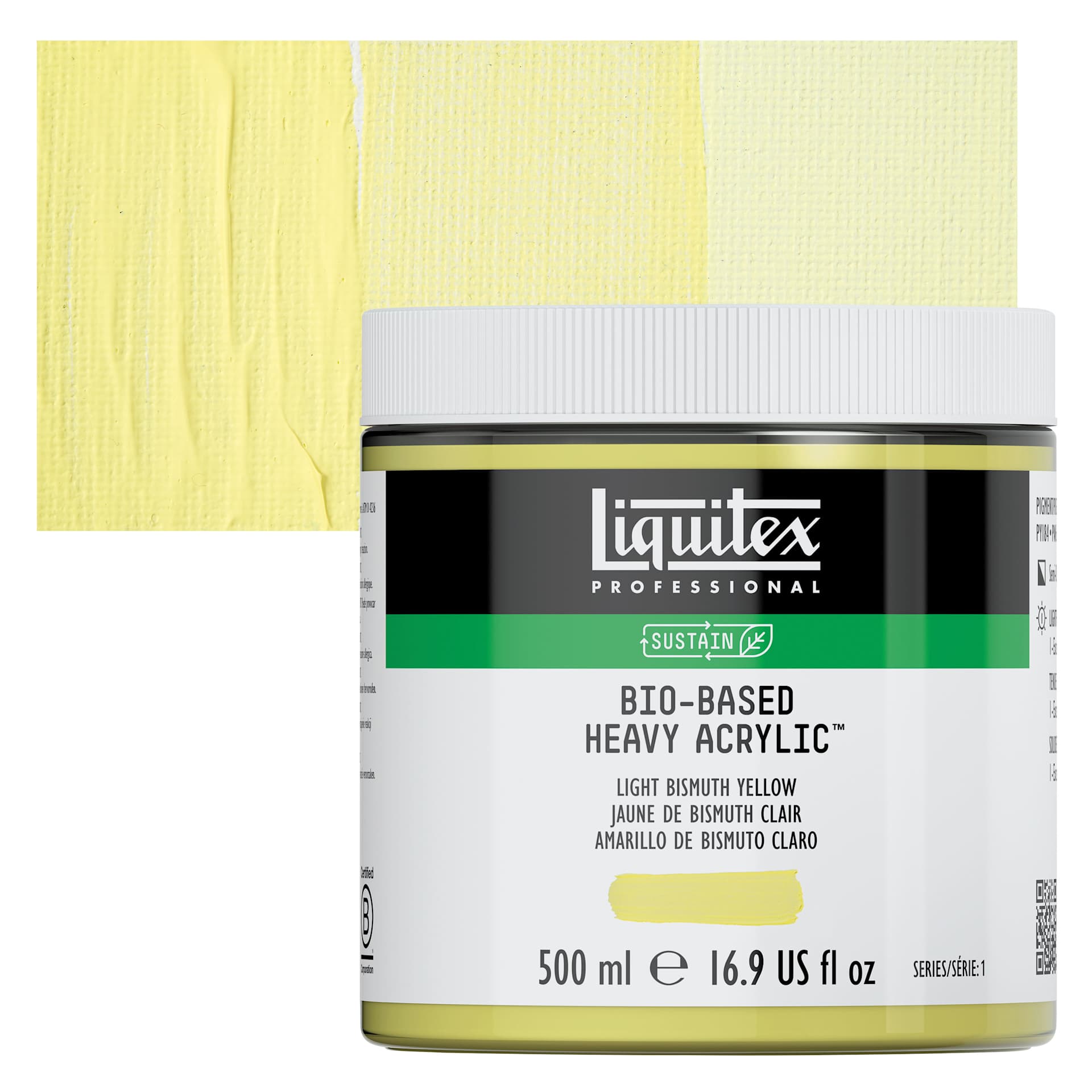 Liquitex Bio-Based Heavy Acrylic Paint - Light Bismuth Yellow, 500 ml jar and swatch