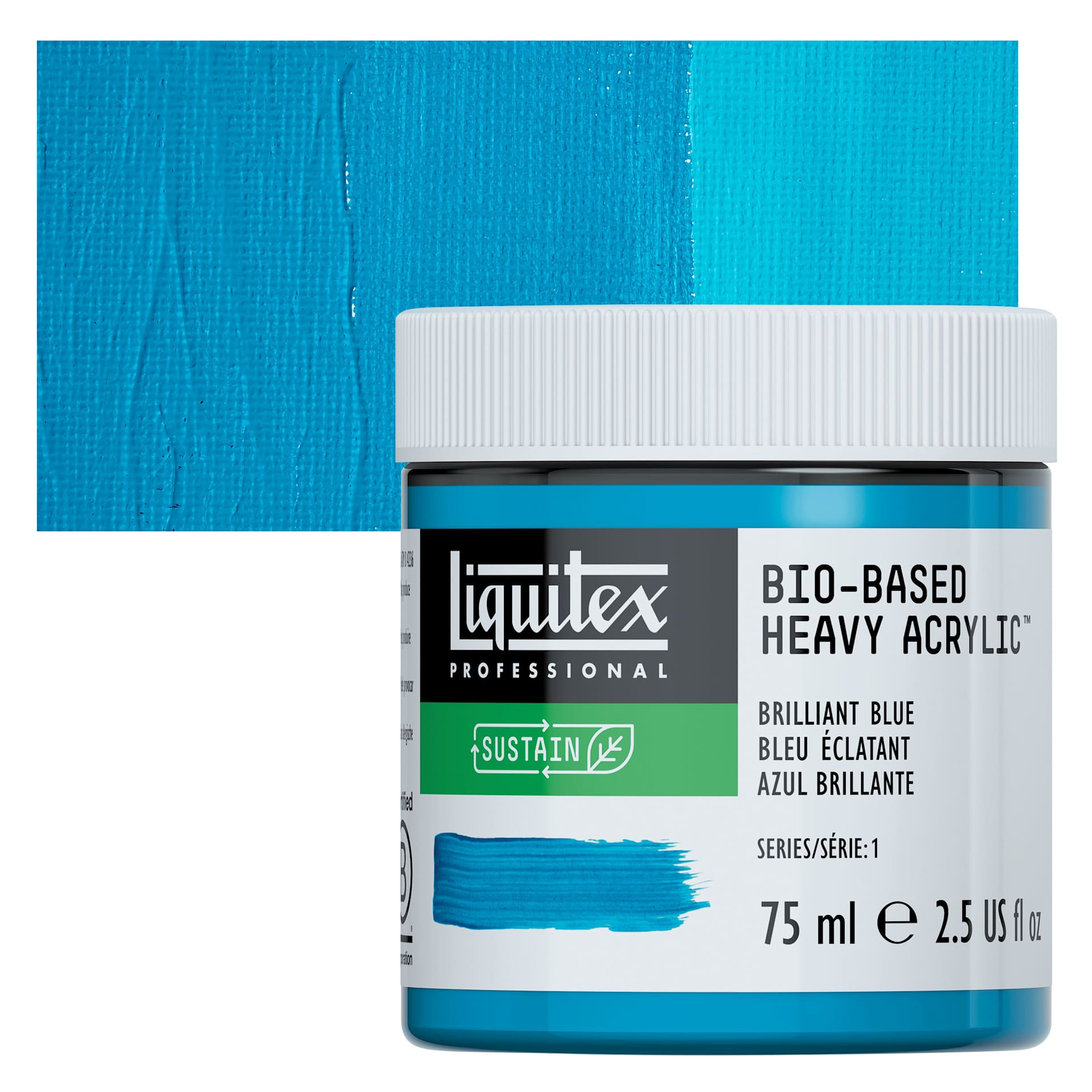 Liquitex Bio-Based Heavy Acrylic Paint - Brilliant Blue, 75 ml jar and swatch
