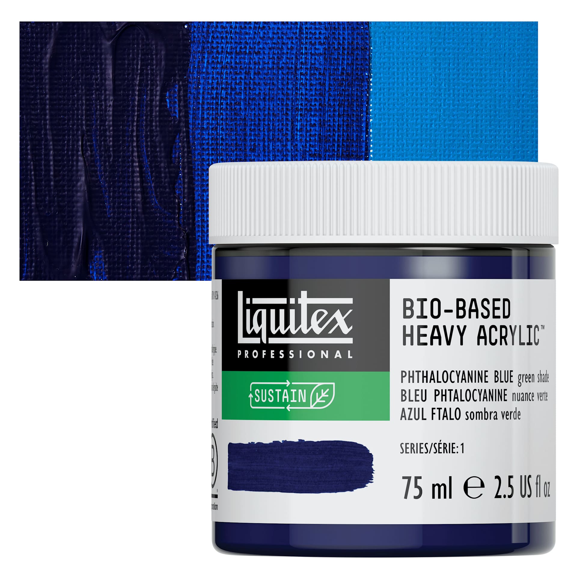 Liquitex Bio-Based Heavy Acrylic Paint - Phthalo Blue (Green Shade), 75 ml jar and swatch