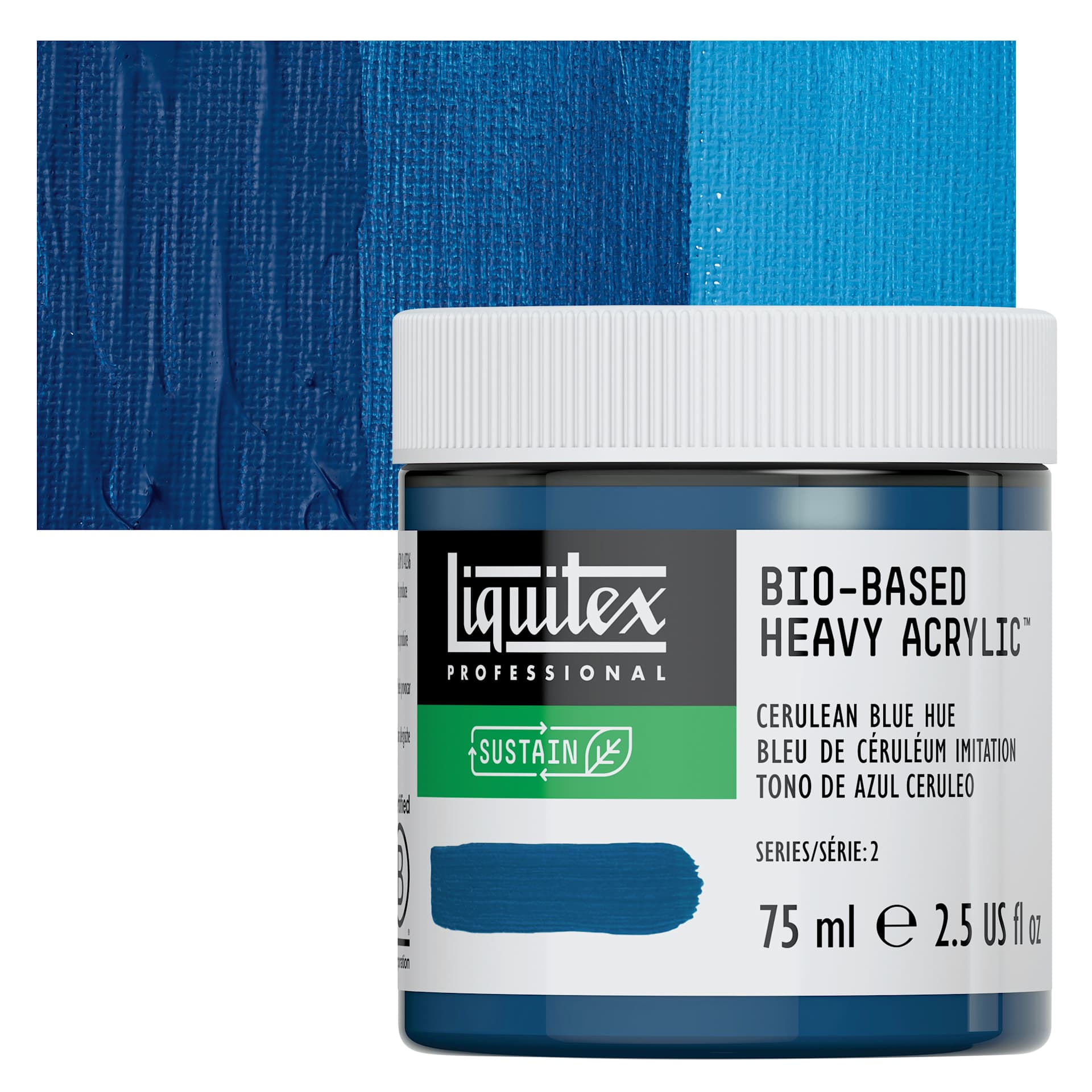 Liquitex Bio-Based Heavy Acrylic Paint - Cerulean Blue Hue, 75 ml jar and swatch