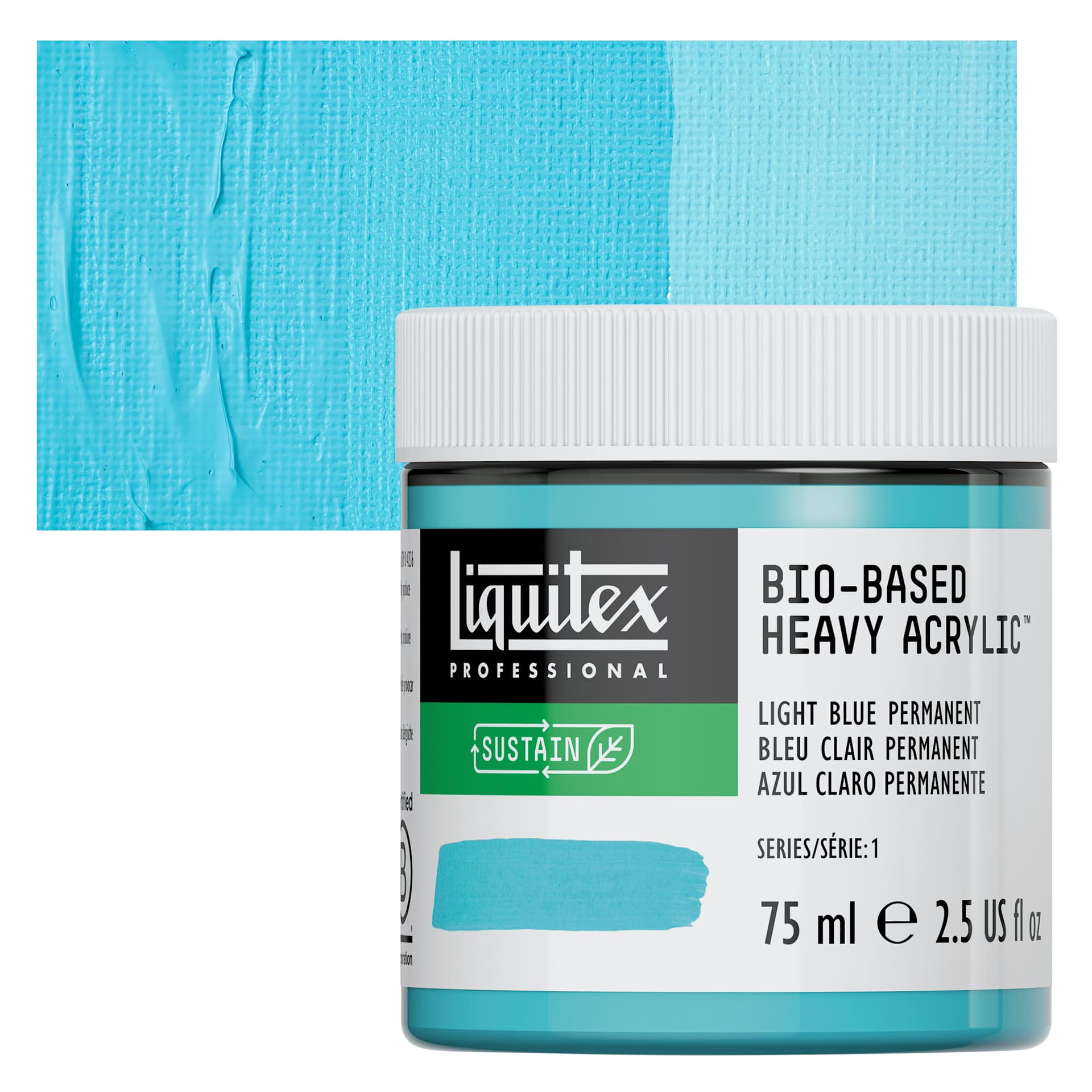 Liquitex Bio-Based Heavy Acrylic Paint - Light Blue Permanent, 75 ml jar and swatch