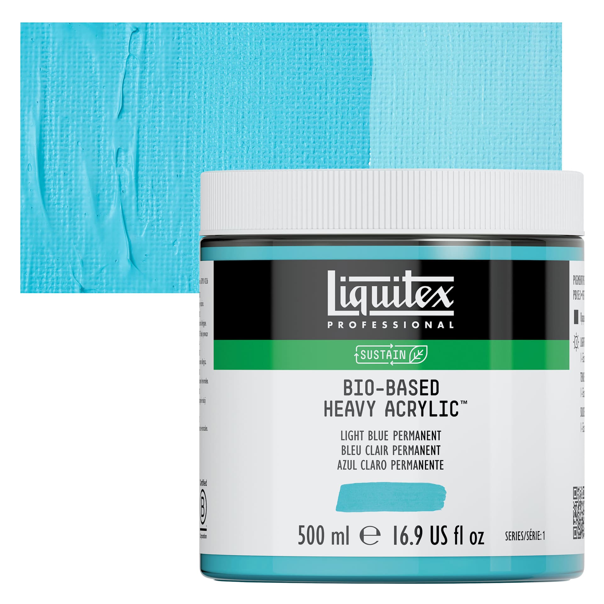 Liquitex Bio-Based Heavy Acrylic Paint - Light Blue Permanent, 500 ml jar and swatch