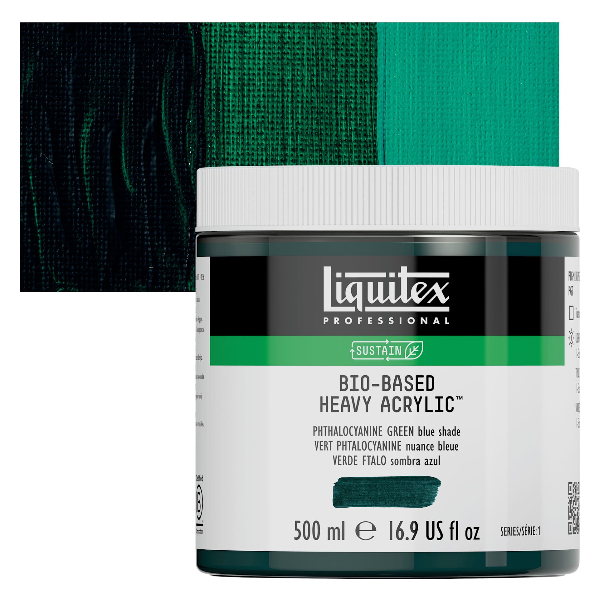 Liquitex Bio-Based Heavy Acrylic Paint - Phthalo Green (Blue Shade), 500 ml jar and swatch