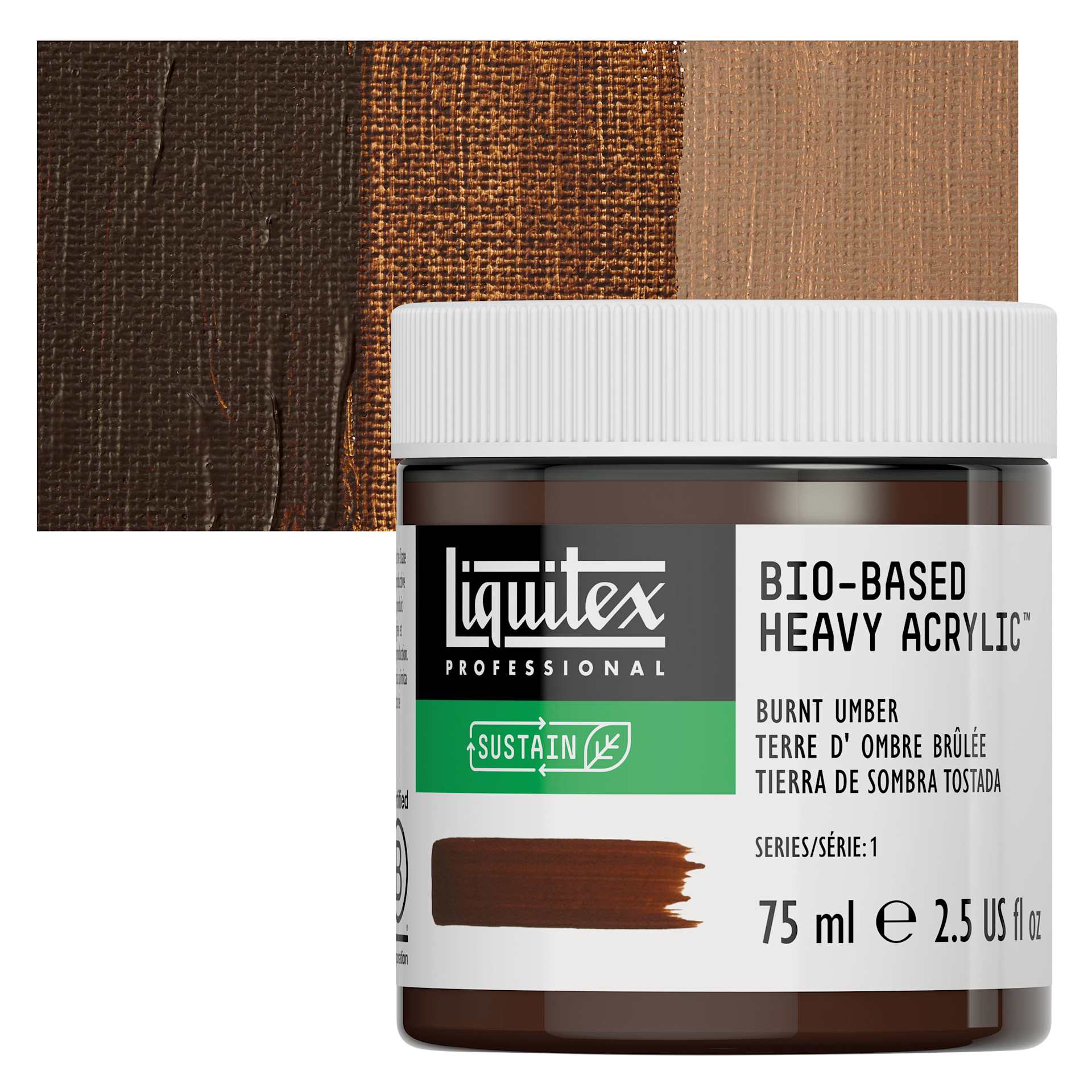 Liquitex Bio-Based Heavy Acrylic Paint - Burnt Umber, 75 ml jar and swatch