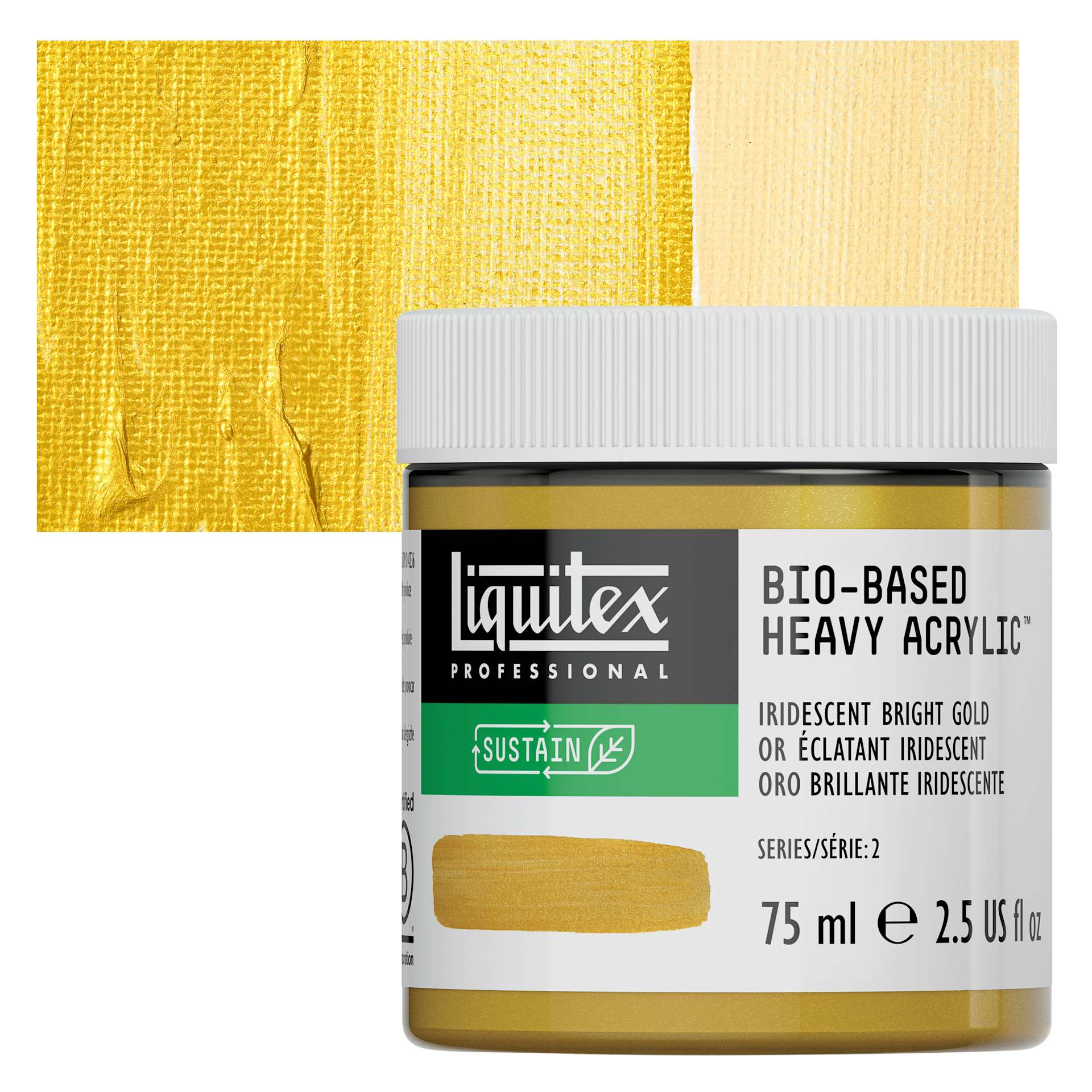 Liquitex Bio-Based Heavy Acrylic Paint - Iridescent Bright Gold, 75 ml jar and swatch