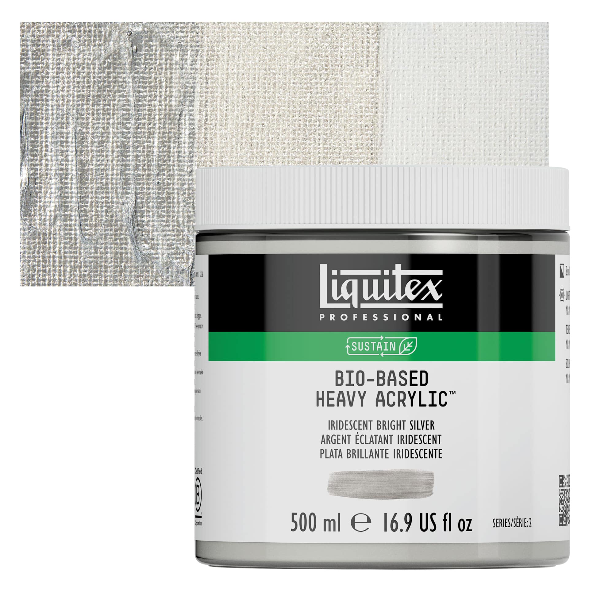 Liquitex Bio-Based Heavy Acrylic Paint - Iridescent Bright Silver, 500 ml jar and swatch