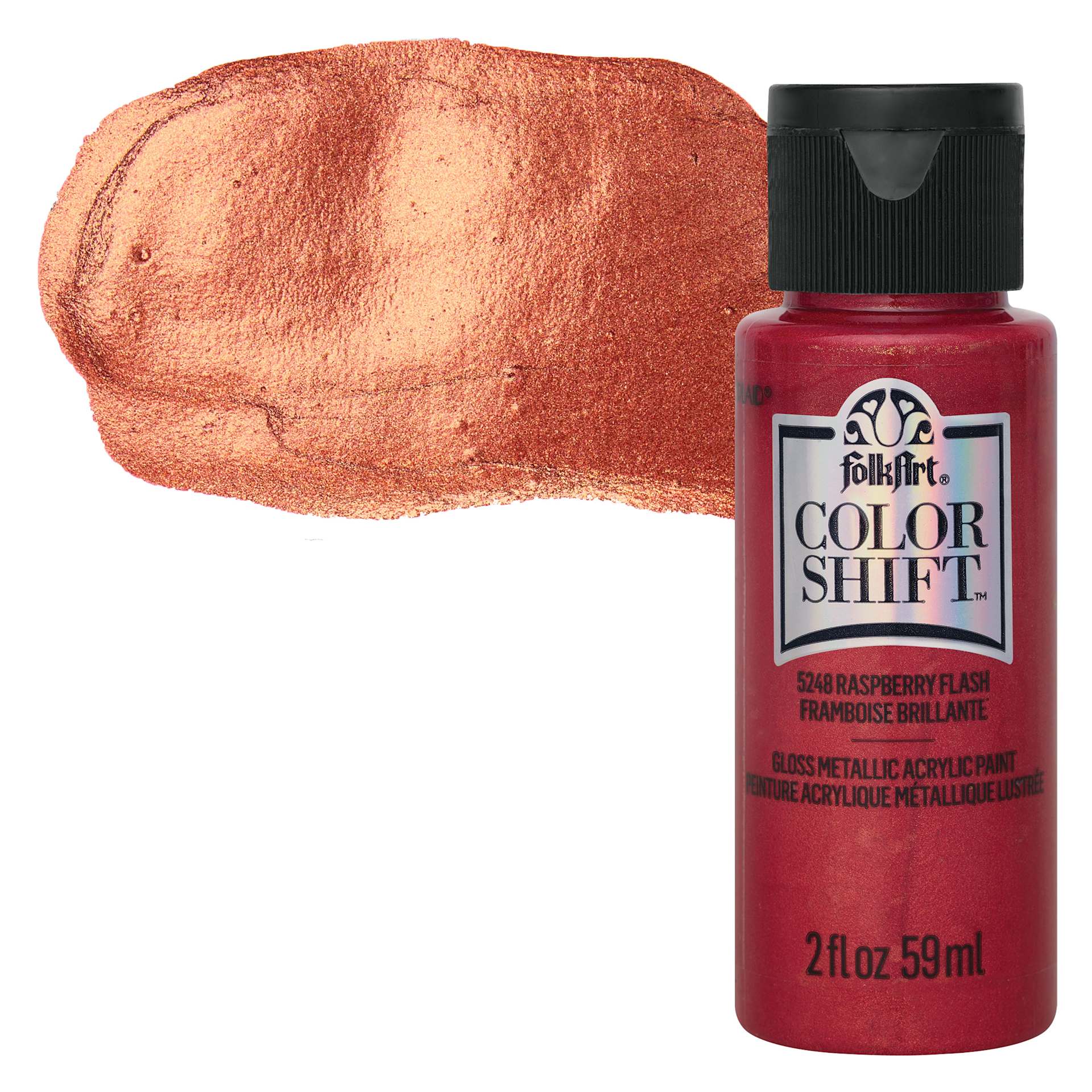 FolkArt Color Shift Paint - Raspberry Flash, 2 oz, bottle with swatch