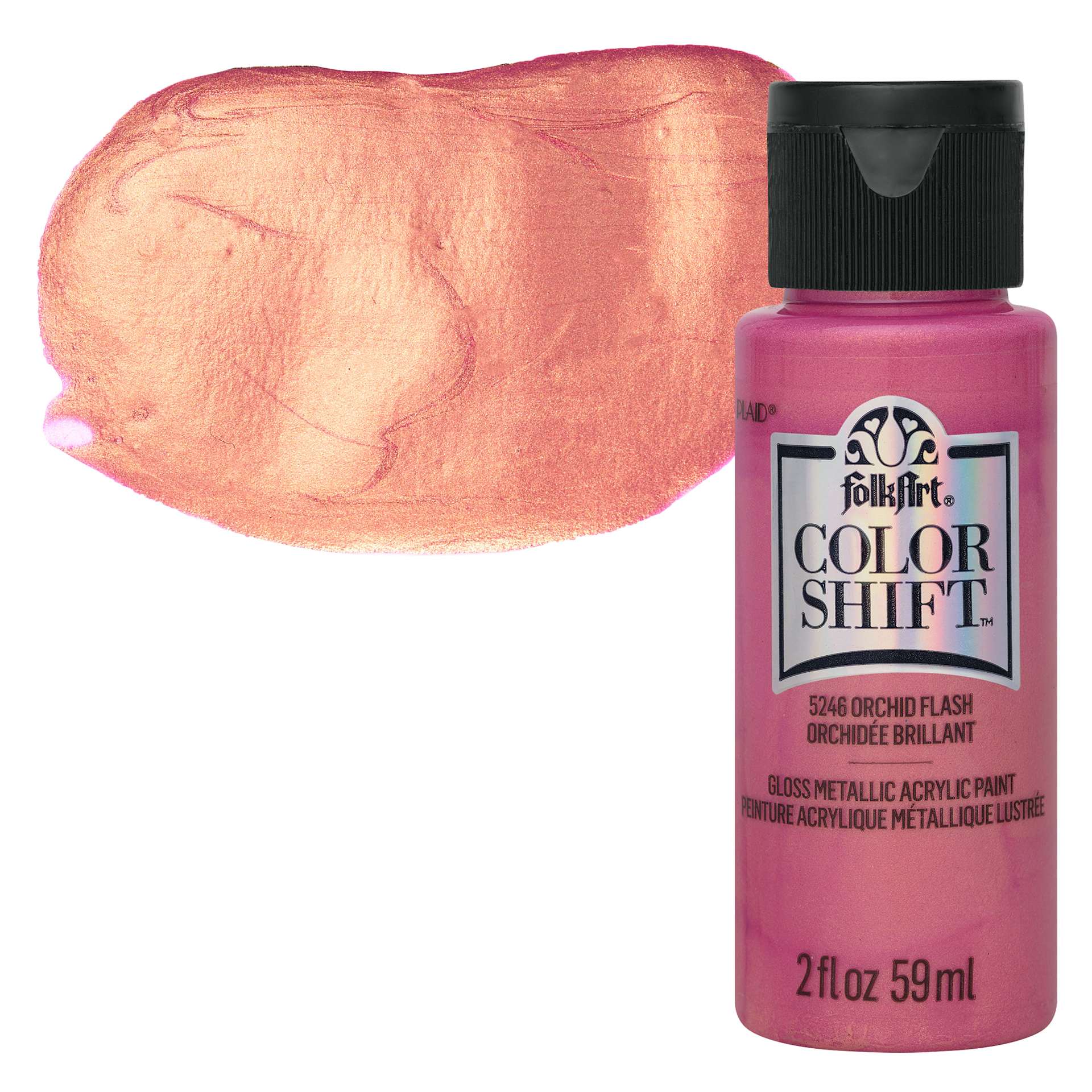 FolkArt Color Shift Paint - Orchid Flash, 2 oz, bottle wiith swatch