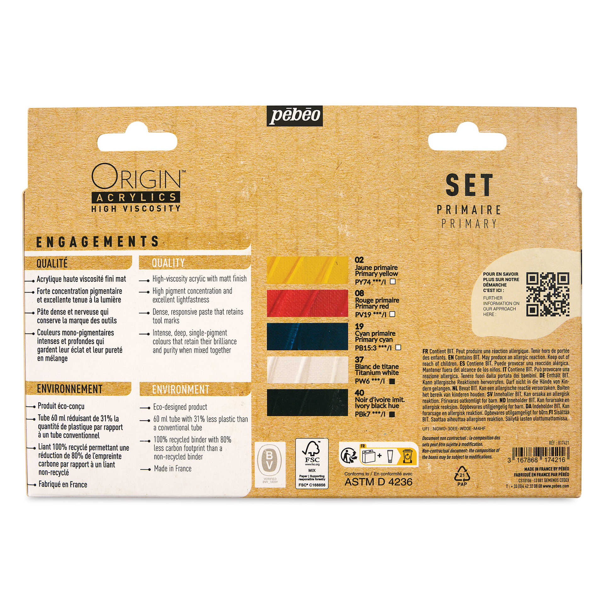 Pebeo Origin Acrylic Paint - Set of 5, Primary, 60 ml, back of packaging