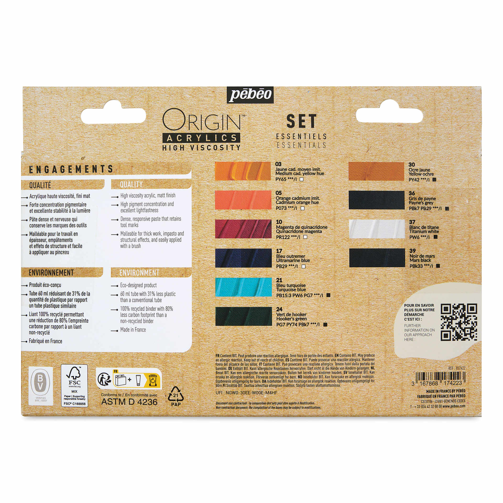 Pebeo Origin Acrylic Paint - Set of 10, Essentials, 60 ml, back of packaging