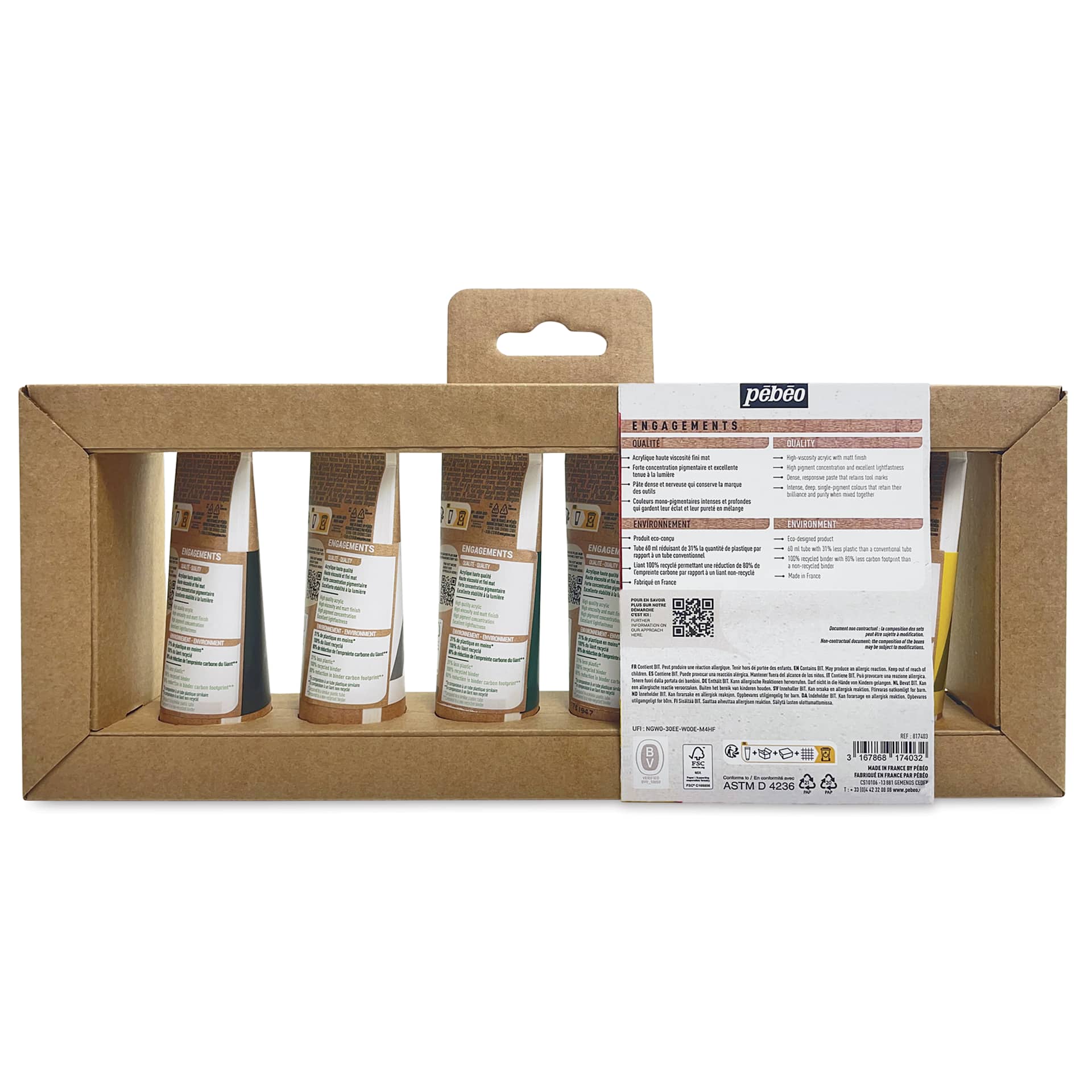 Pebeo Origin Acrylic Paints - Set of 6, Primary Colors, 60 ml Tubes back of package