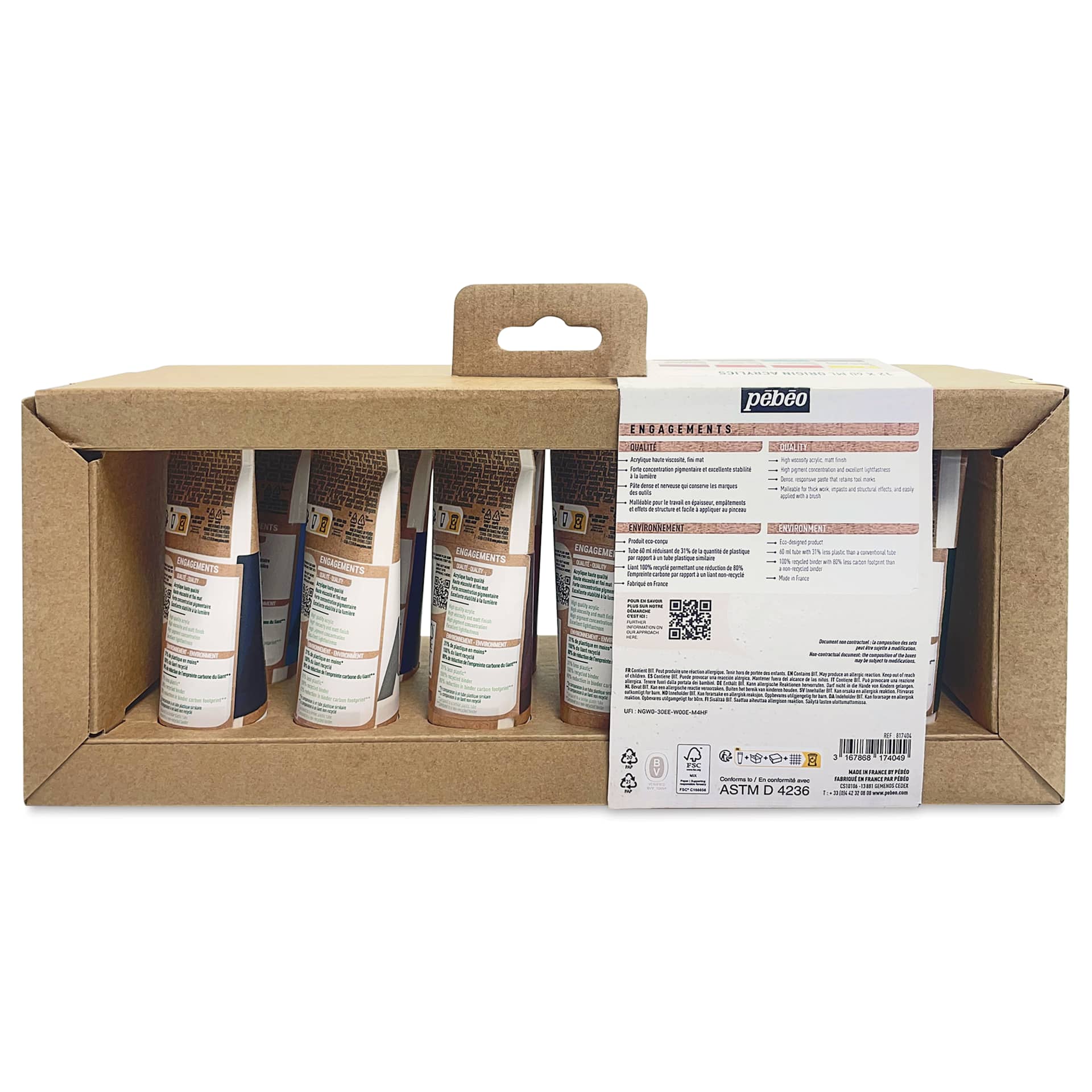 Pebeo Origin Acrylic Paints - Set of 12, Essential Colors, 60 ml Tubes back of package