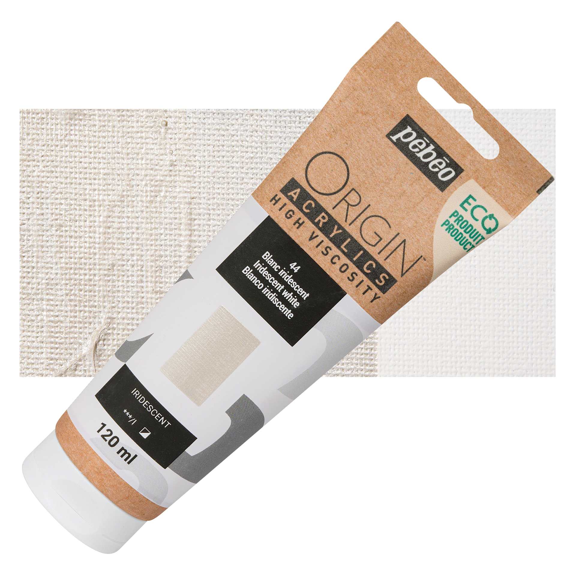 Pebeo Origin Acrylic Paint - Iridescent White, 120 ml tube and swatch