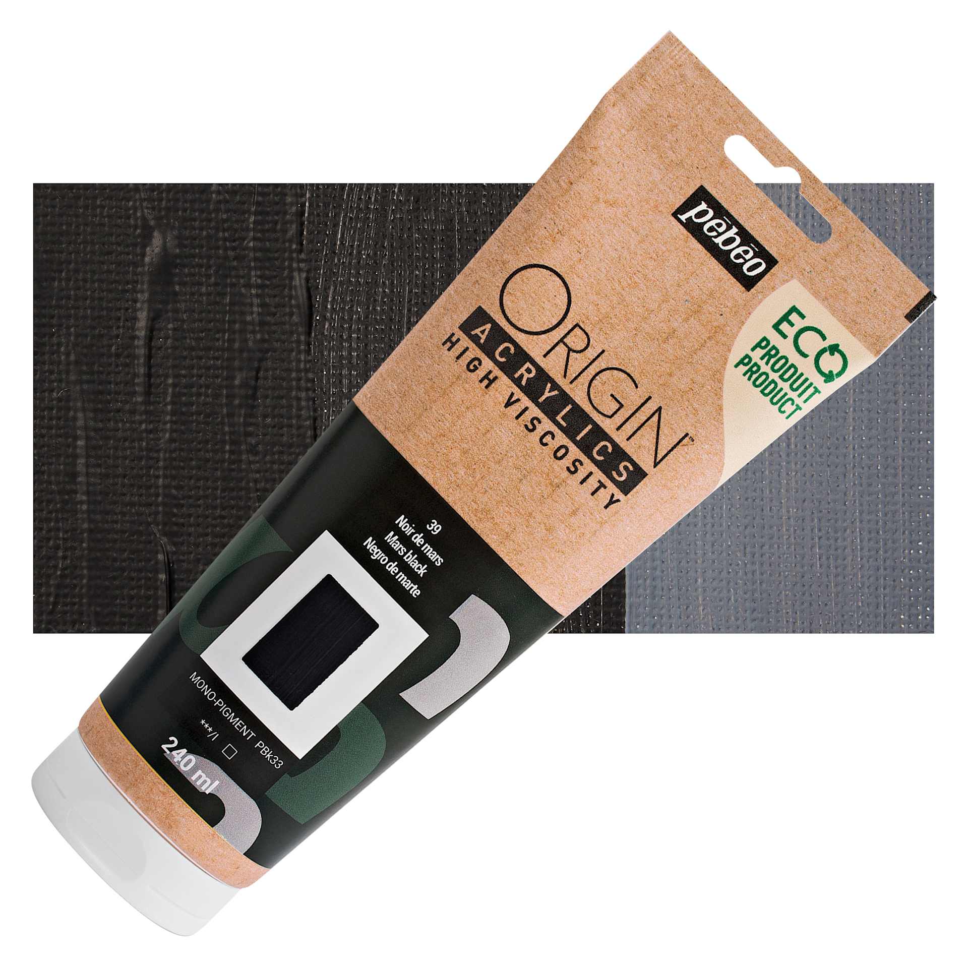 Pebeo Origin Acrylic Paint - Mars Black, 240 ml tube and swatch
