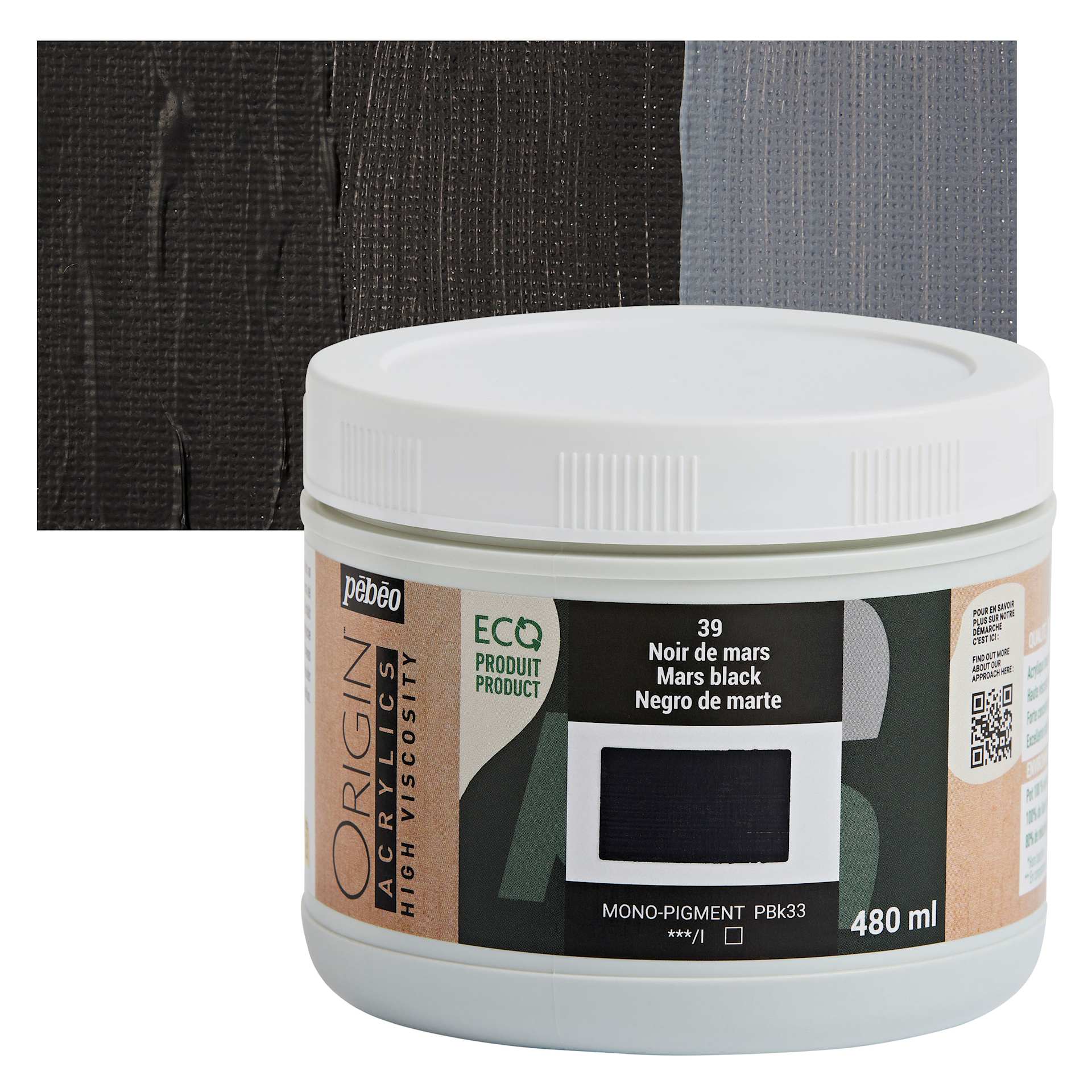 Pebeo Origin Acrylic Paint - Mars Black, 480 ml jar and swatch