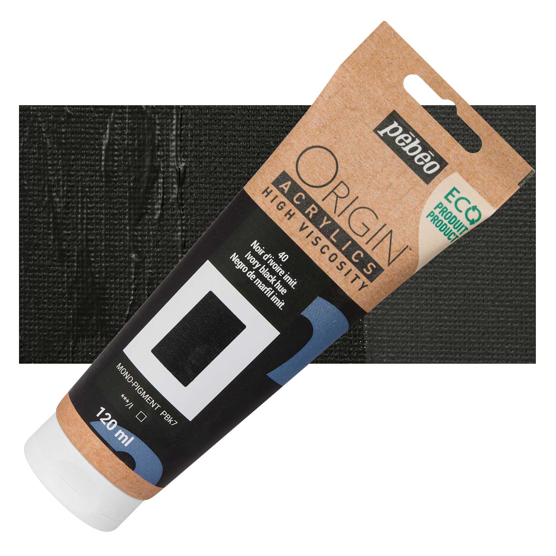 Pebeo Origin Acrylic Paint - Ivory Black Hue, 120 ml tube and swatch