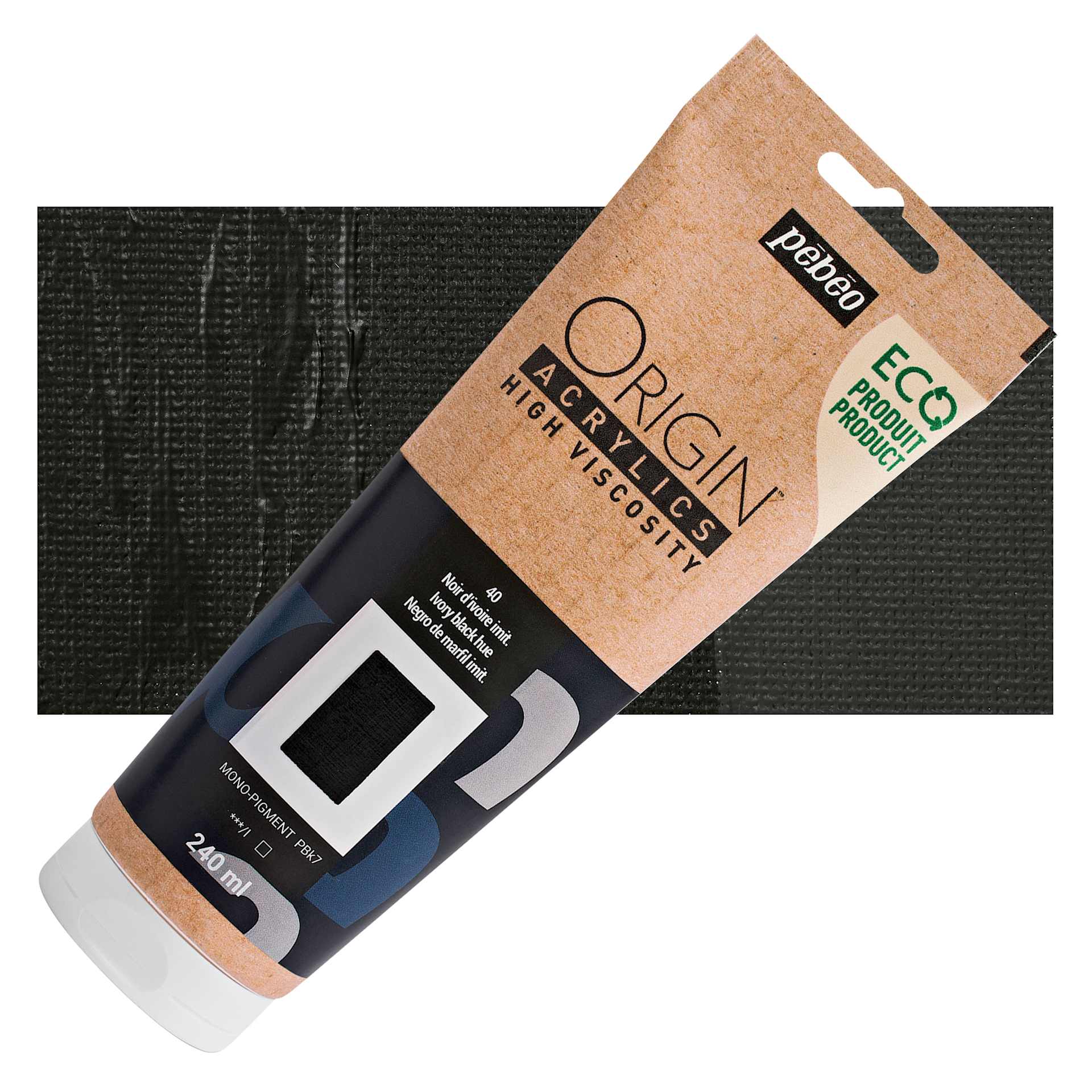 Pebeo Origin Acrylic Paint - Ivory Black Hue, 240 ml tube and swatch