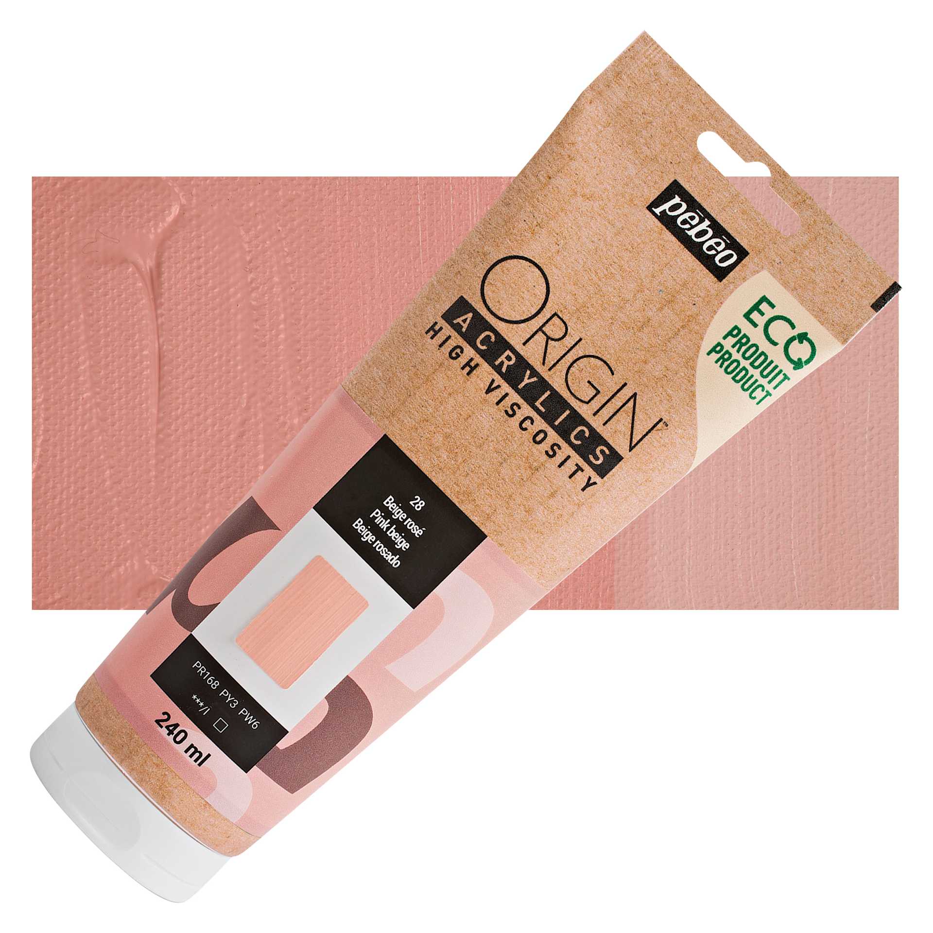 Pebeo Origin Acrylic Paint - Pink Beige, 240 ml tube and swatch