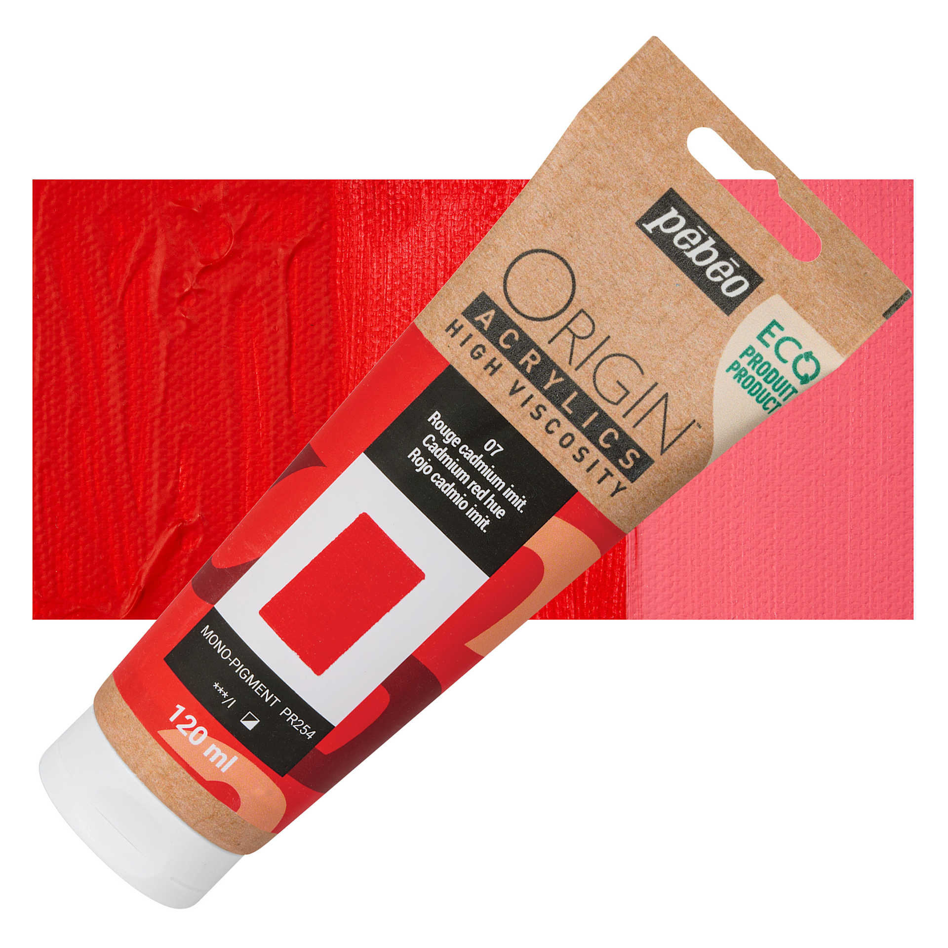 Pebeo Origin Acrylic Paint - Cadmium Red Hue, 120 ml tube and swatch