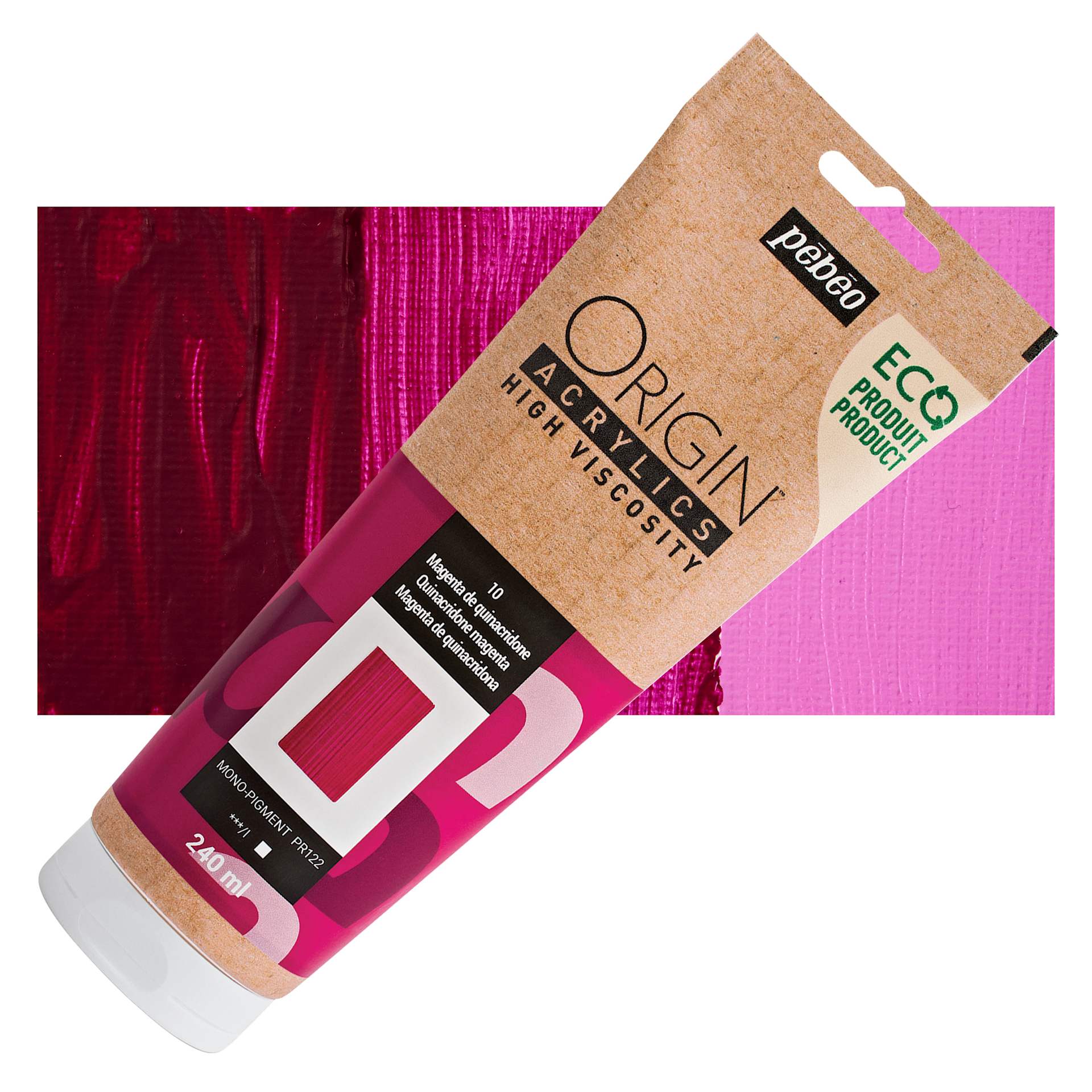Pebeo Origin Acrylic Paint - Quinacridone Magenta, 240 ml tube and swatch