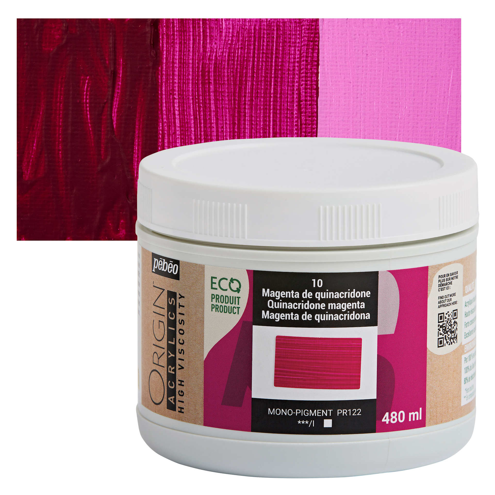 Pebeo Origin Acrylic Paint - Quinacridone Magenta, 480 ml jar and swatch