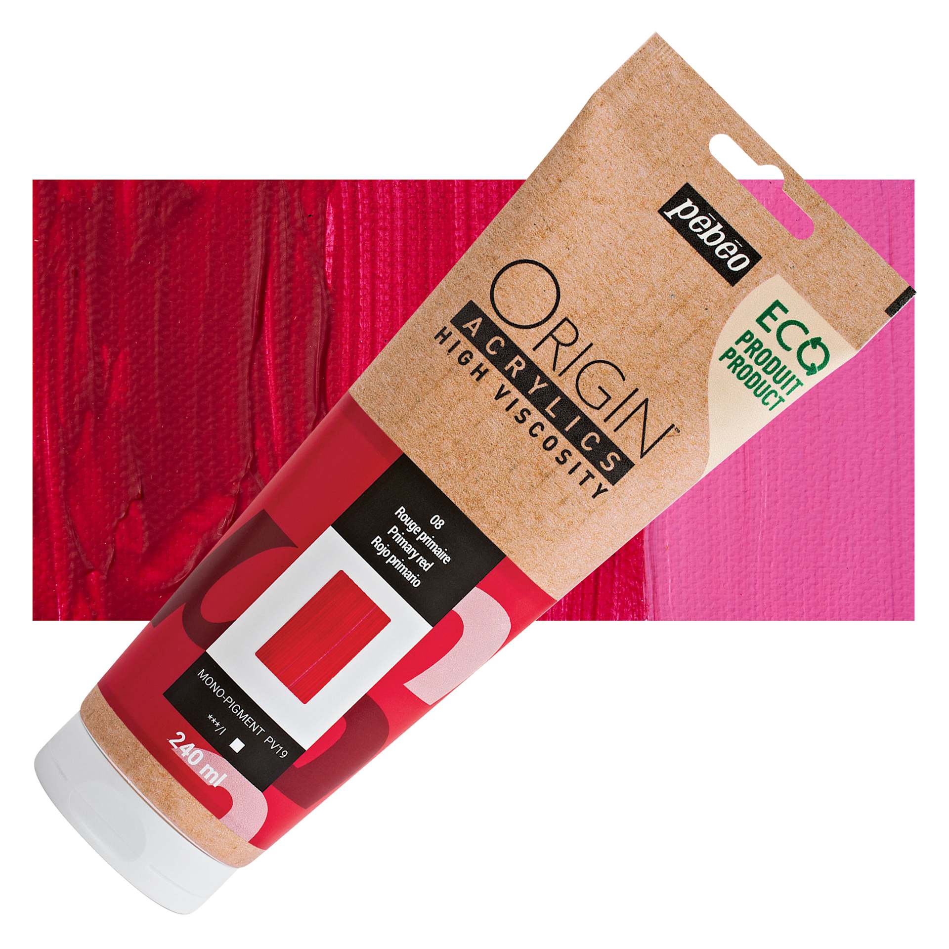 Pebeo Origin Acrylic Paint - Primary Red, 240 ml tube and swatch