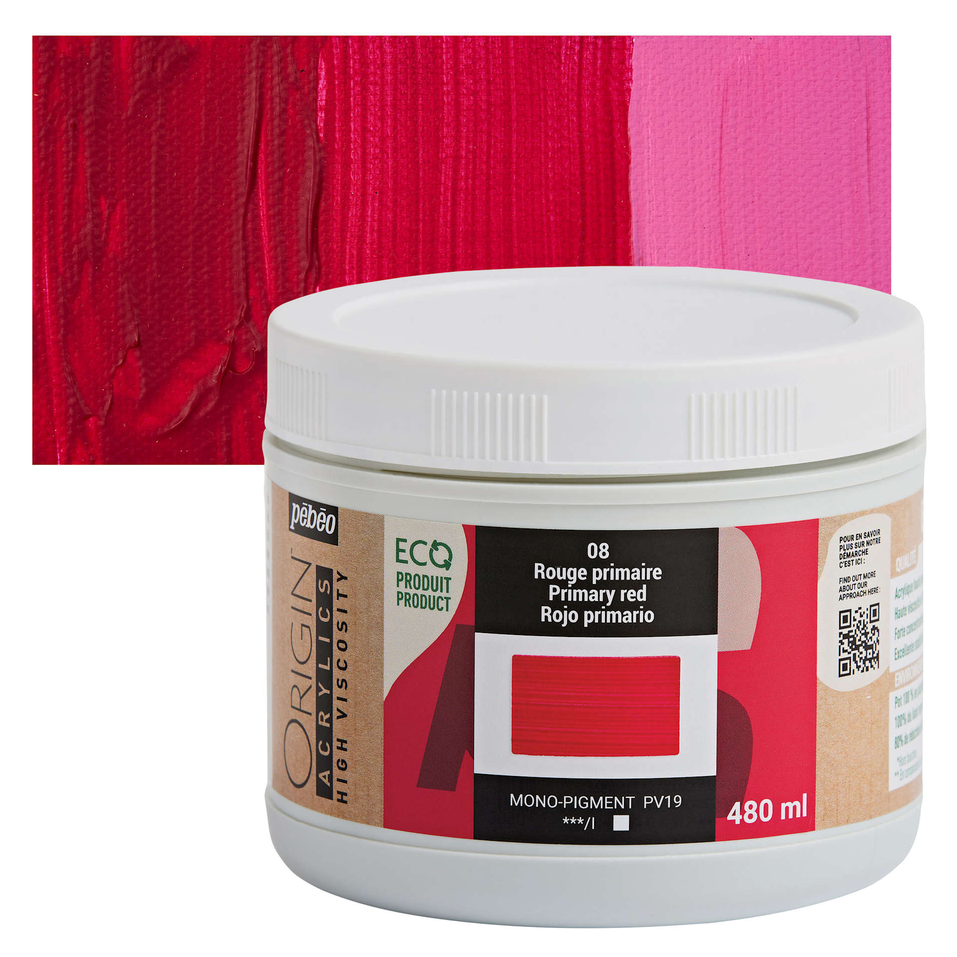 Pebeo Origin Acrylic Paint - Primary Red, 480 ml jar and swatch