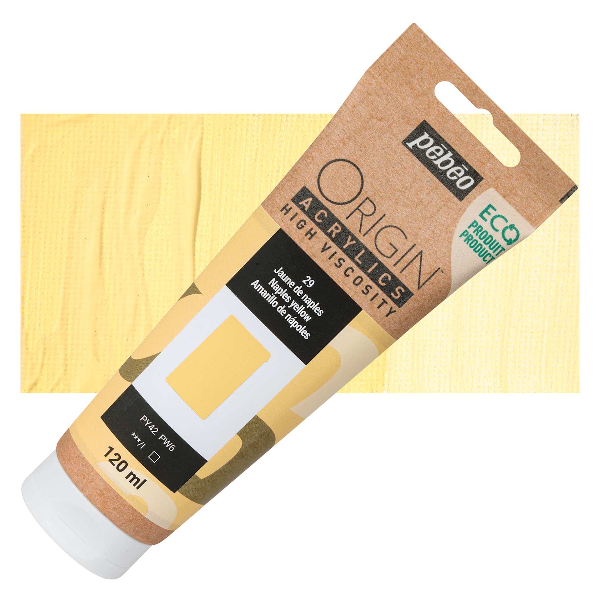 Pebeo Origin Acrylic Paint - Naples Yellow, 120 ml tube and swatch