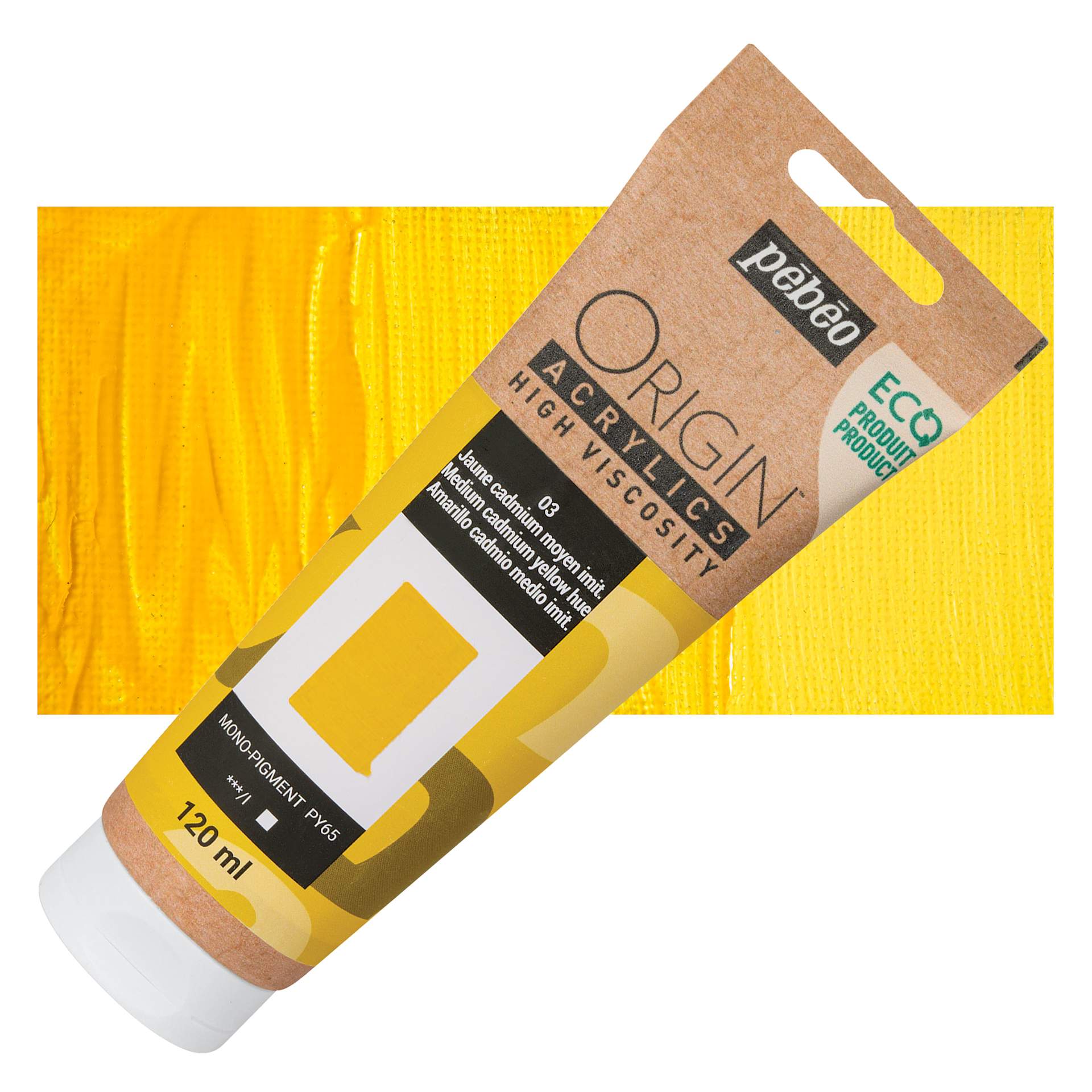 Pebeo Origin Acrylic Paint - Medium Cadmium Yellow Hue, 120 ml tube and swatch