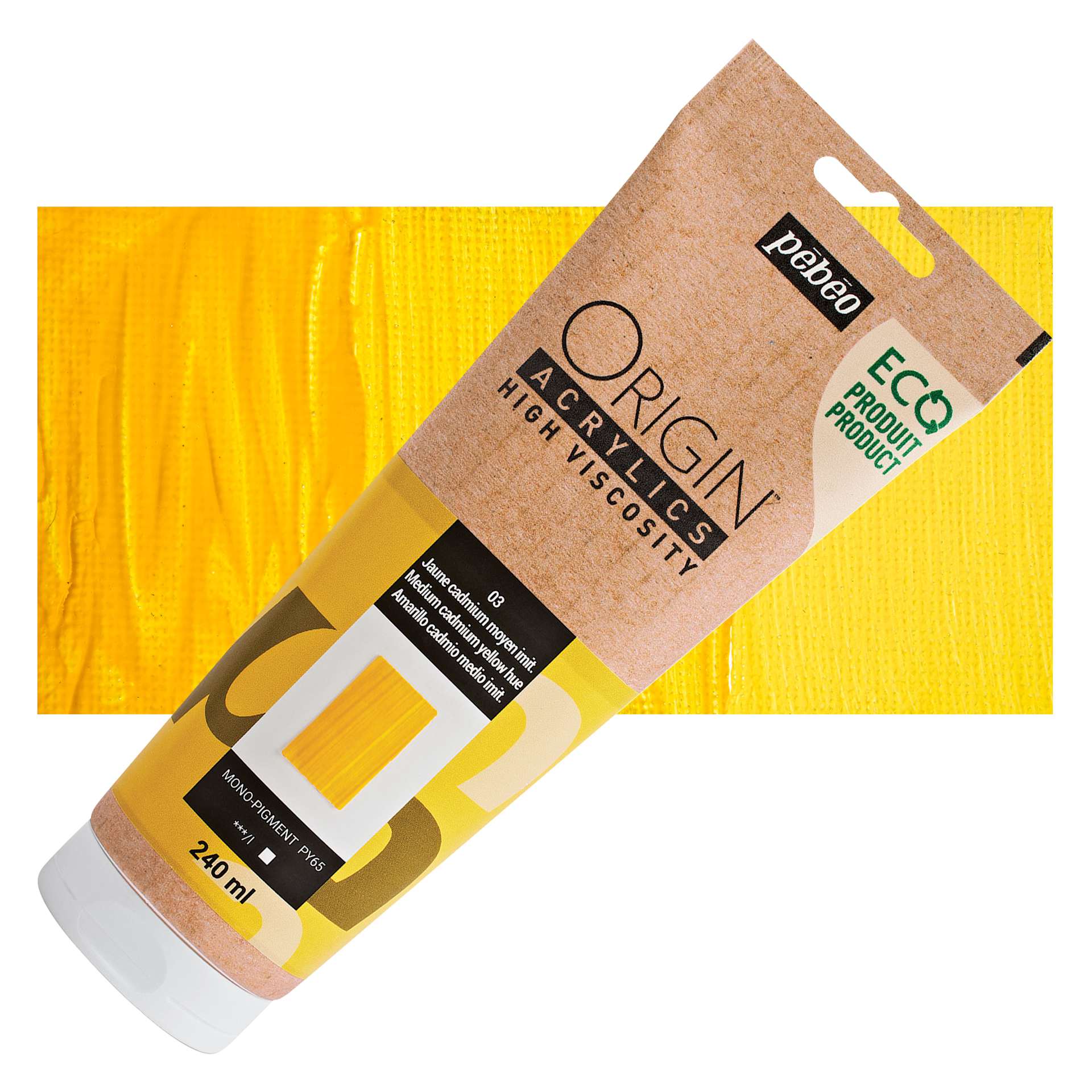 Pebeo Origin Acrylic Paint - Medium Cadmium Yellow Hue, 240 ml tube and swatch