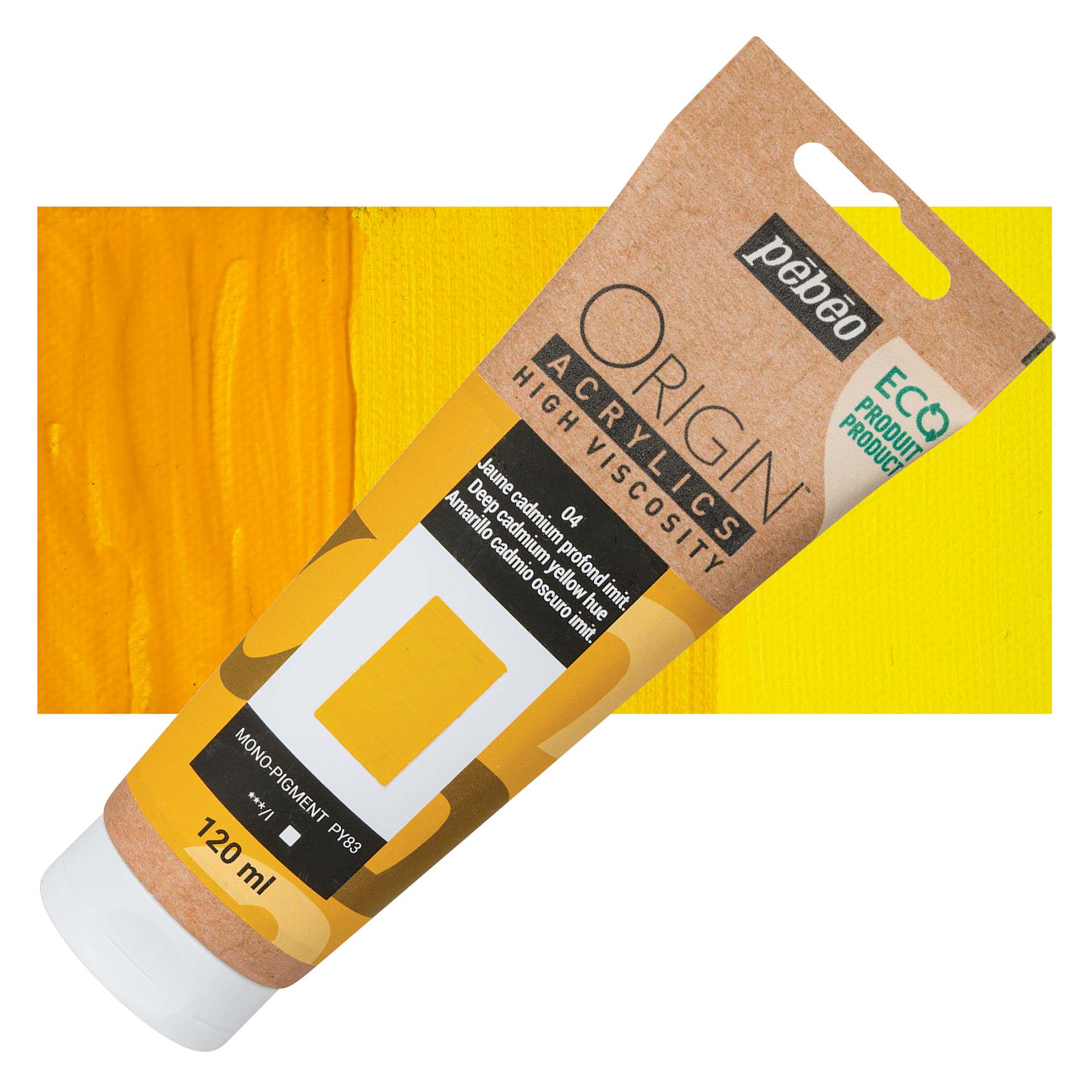 Pebeo Origin Acrylic Paint - Deep Cadmium Yellow Hue, 120 ml tube and swatch