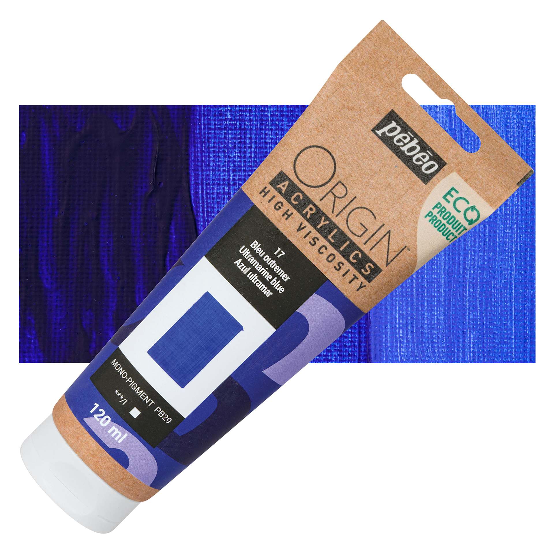 Pebeo Origin Acrylic Paint - Ultramarine Blue, 120 ml tube and swatch