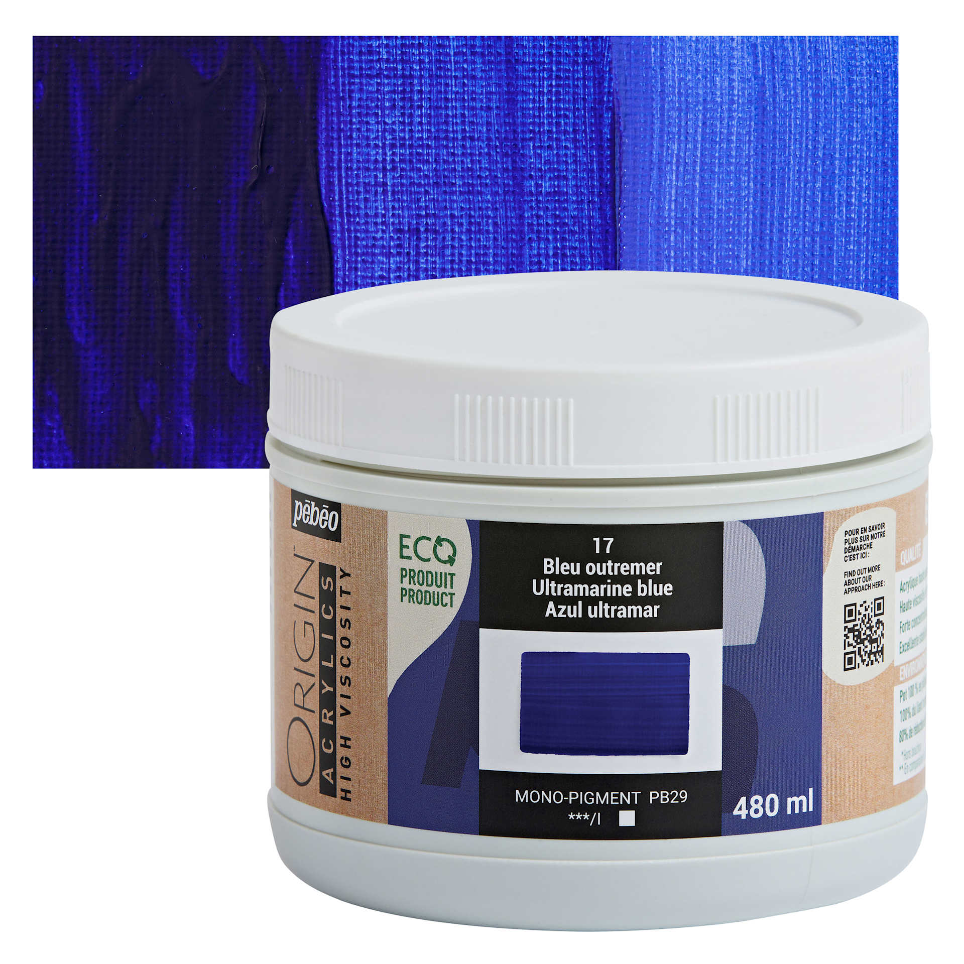 Pebeo Origin Acrylic Paint - Ultramarine Blue, 480 ml jar and swatch